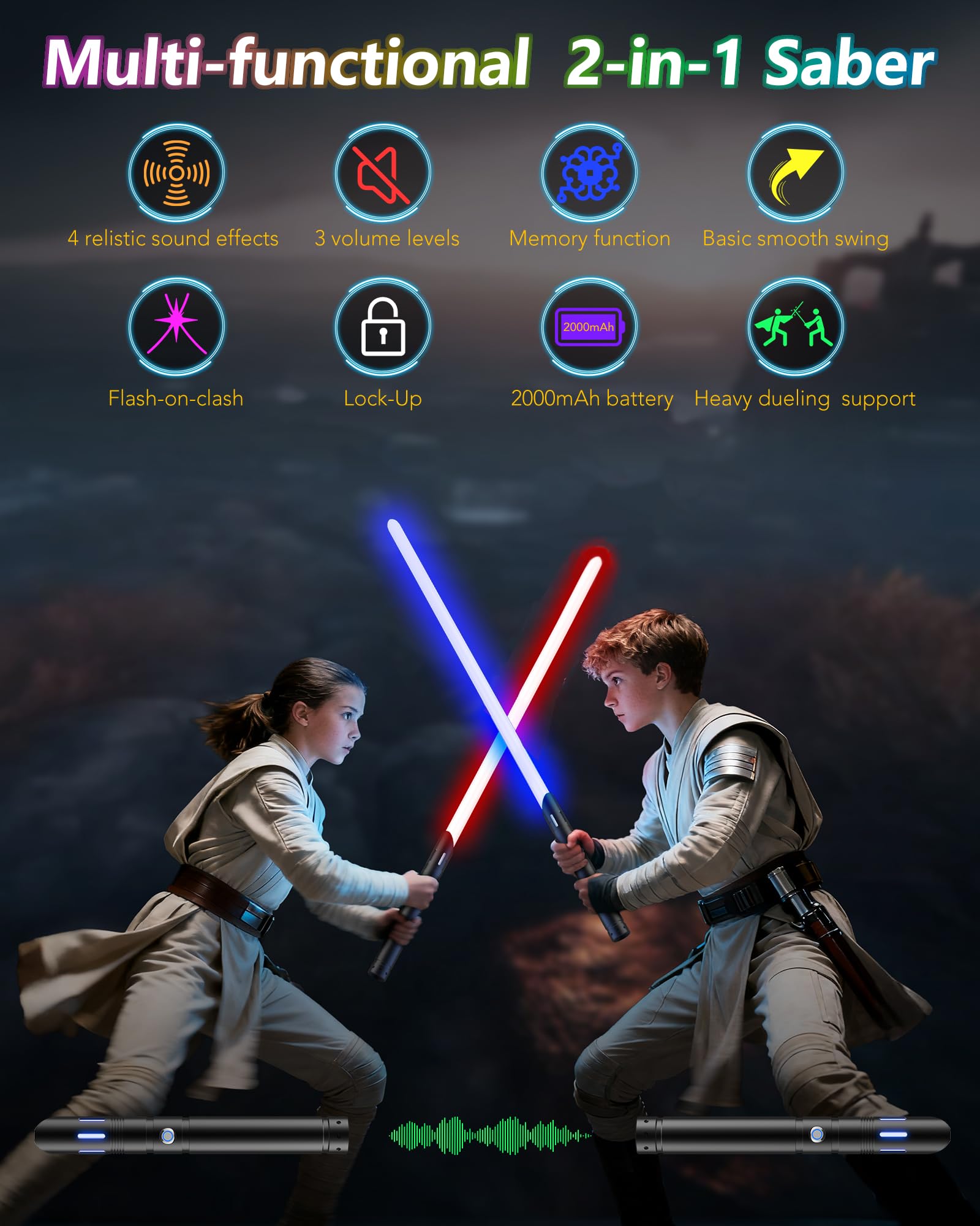 Lichtschwert, Doppelklinge Duell-Lichtschwert, 4 Sound-Fonts, 12 RGB Farben FX Metall Griff, Echtes Lightsaber 2er-Pack für Erwachsene/Kinder Geburtstag, Halloween Cosplay