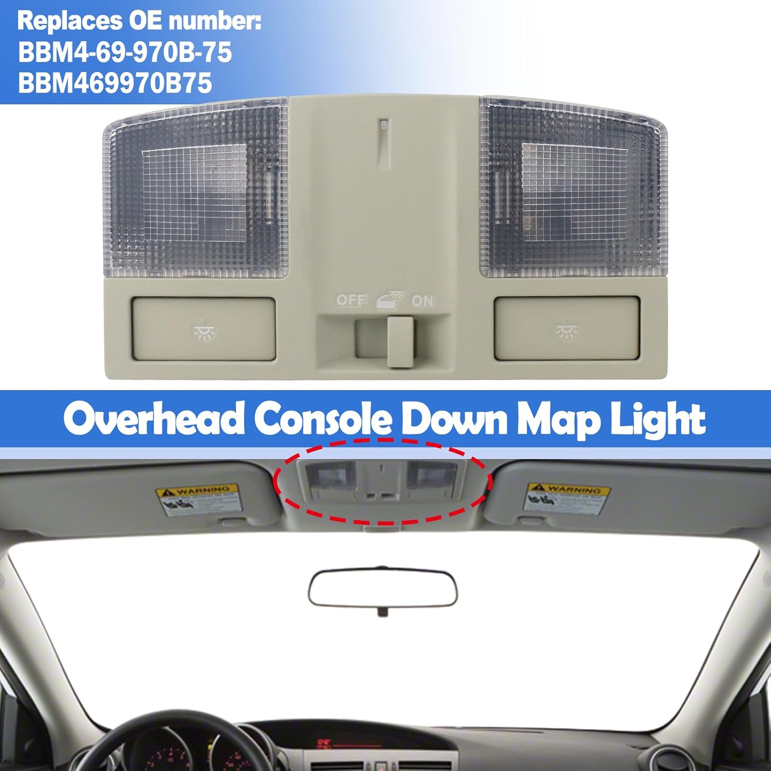 Overhead Console Down Map Light, Reading Lamp, Roof Console Switch for Mazda 3 2010 2011 2012 2013 Replaces BBM4-69-970B-75 Without Sunroof Switch Cab Interior Ceiling Reading Light