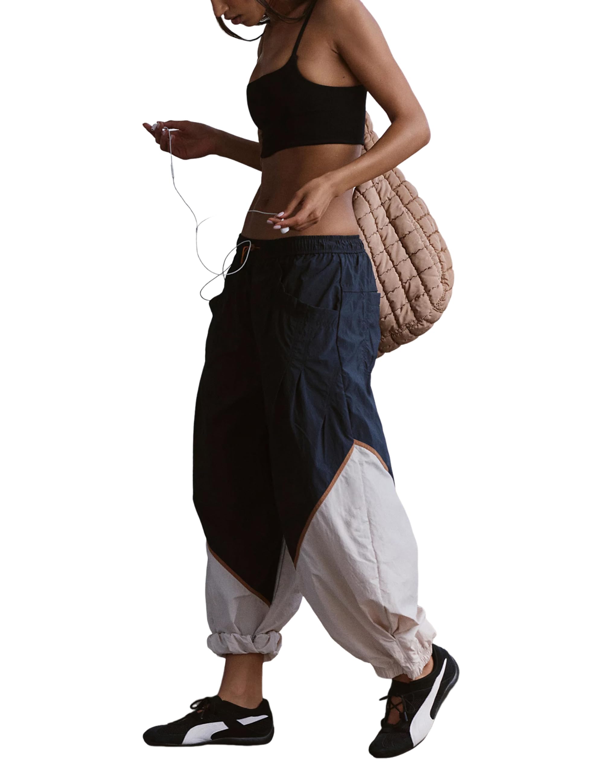Faleave Womens Slouchy Nylon Pants Colorblock Relaxed Ankle Pants with Drawcord Waist