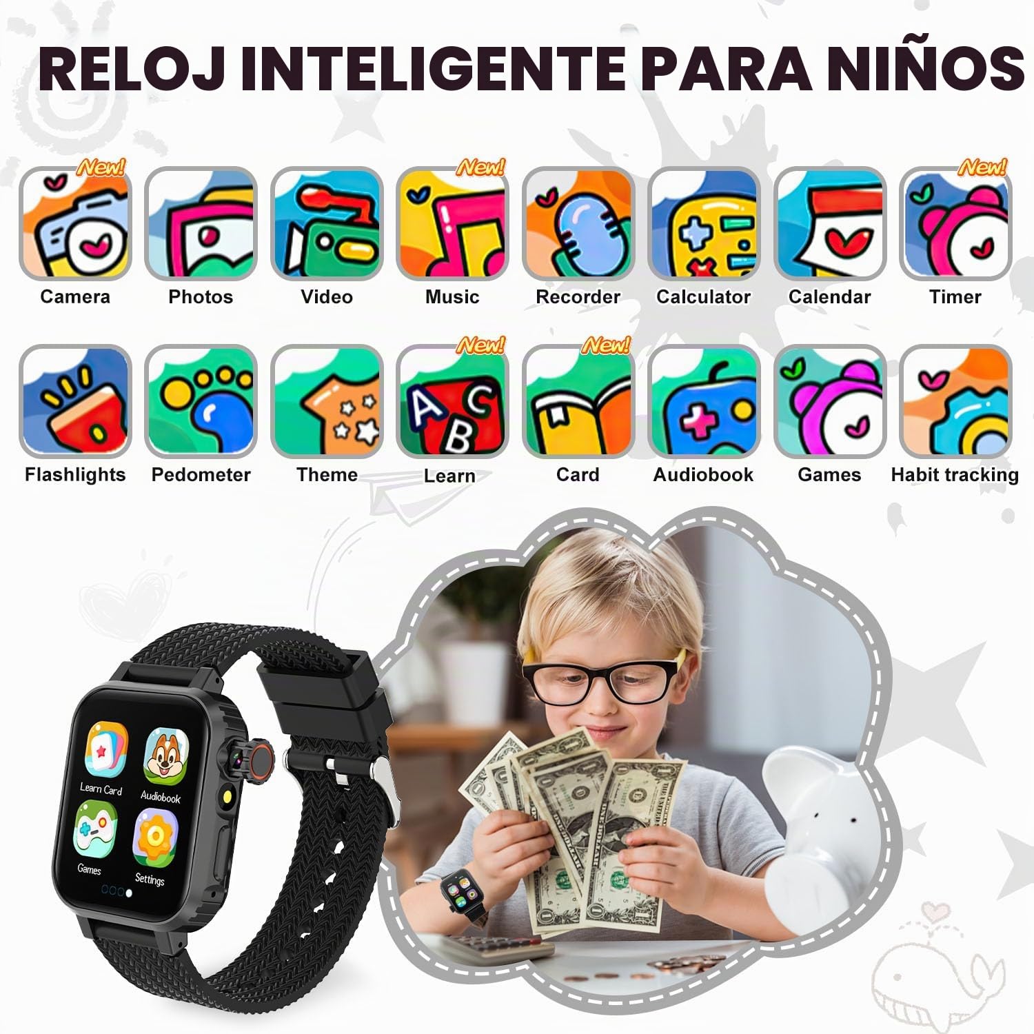 MiracDan Reloj Inteligente Niño con 32 Juegos, Smartwatch Niños con 1.69" HD Cámara Alarma Música Podómetro Linterna Despertador, Regalos Infantil Reloj Inteligente para niños de 3 a 12 años