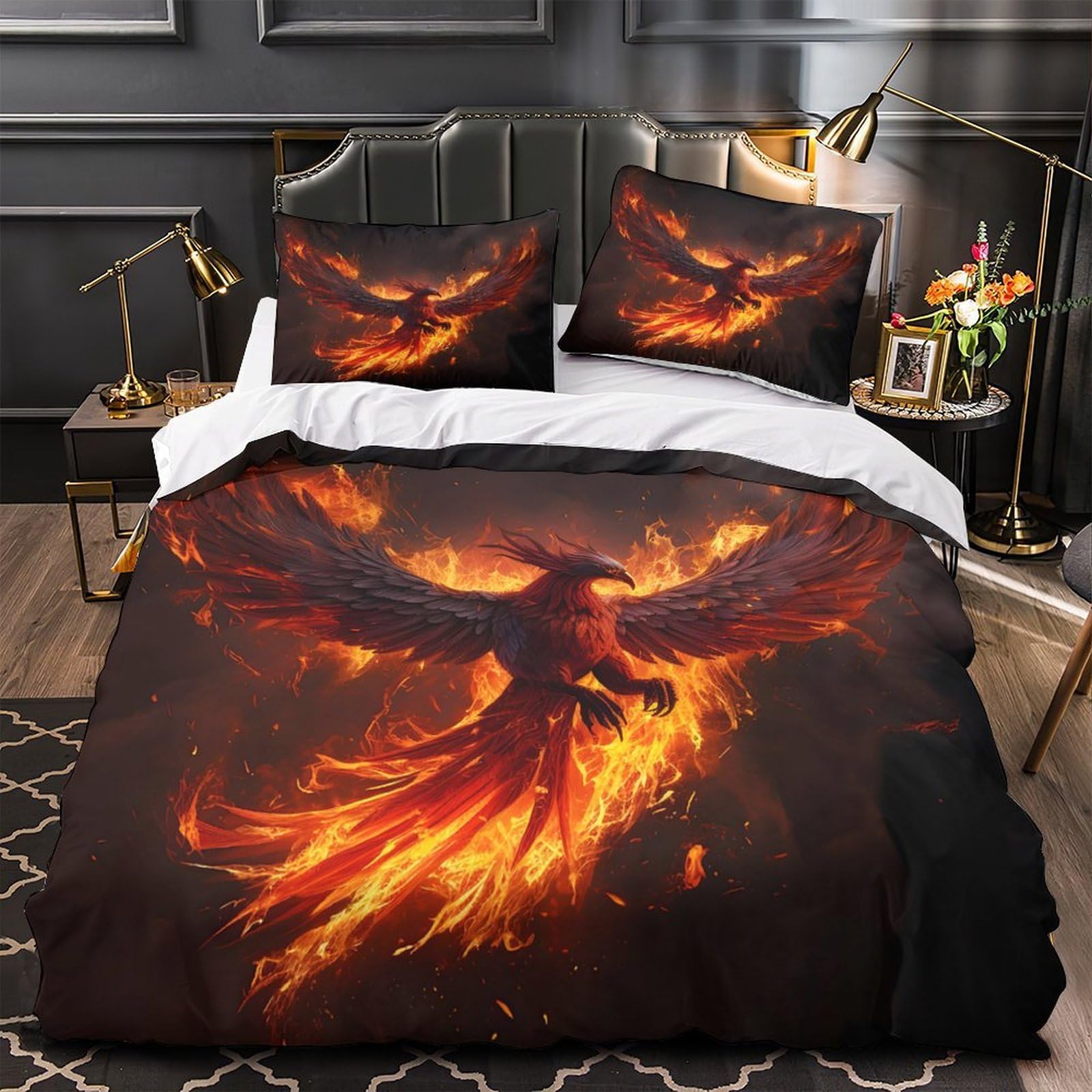 Housse de couette anti-allergie oiseau de feu parure microfibre zippée lit simple 140x200