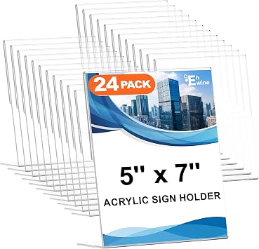 EHWINE 24 Pack 5 x 7 Acrylic Sign Holder, Clear Plastic Signs Display Stand, Vertical Slanted Back Paper Holder Stand up Table Top Sign Holders Flyer Stand Frames Suitable for Office Business Store