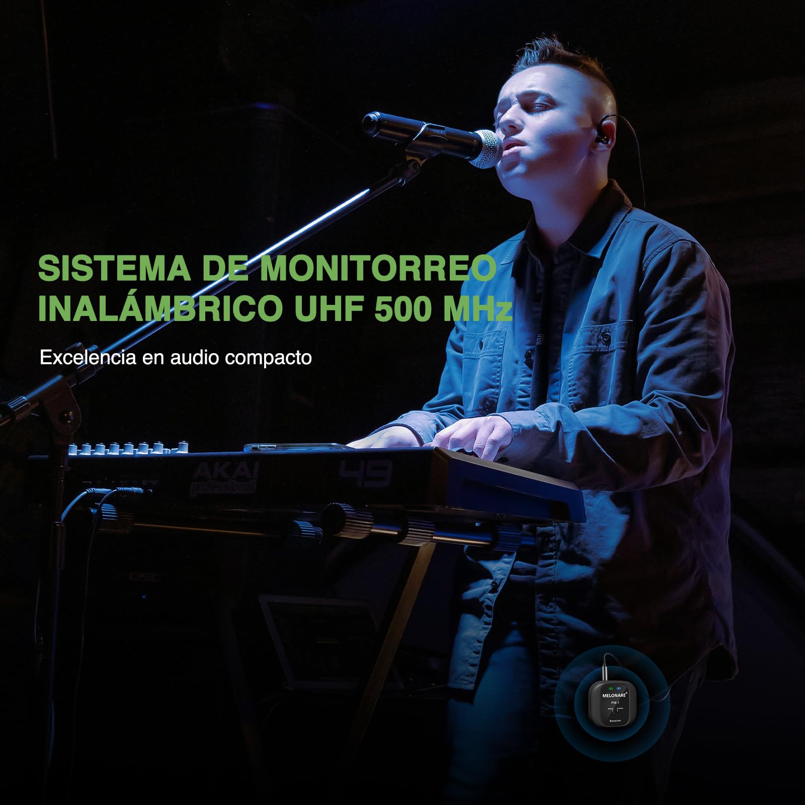 MELONARE PM-1 - Sistema de monitor intrauditivo inalámbrico UHF 500 MHz, sin retraso, audio HD, transmisor y receptor Beltpack, 10 canales, selección mono/estéreo, IEM para actuación en vivo, estudio,