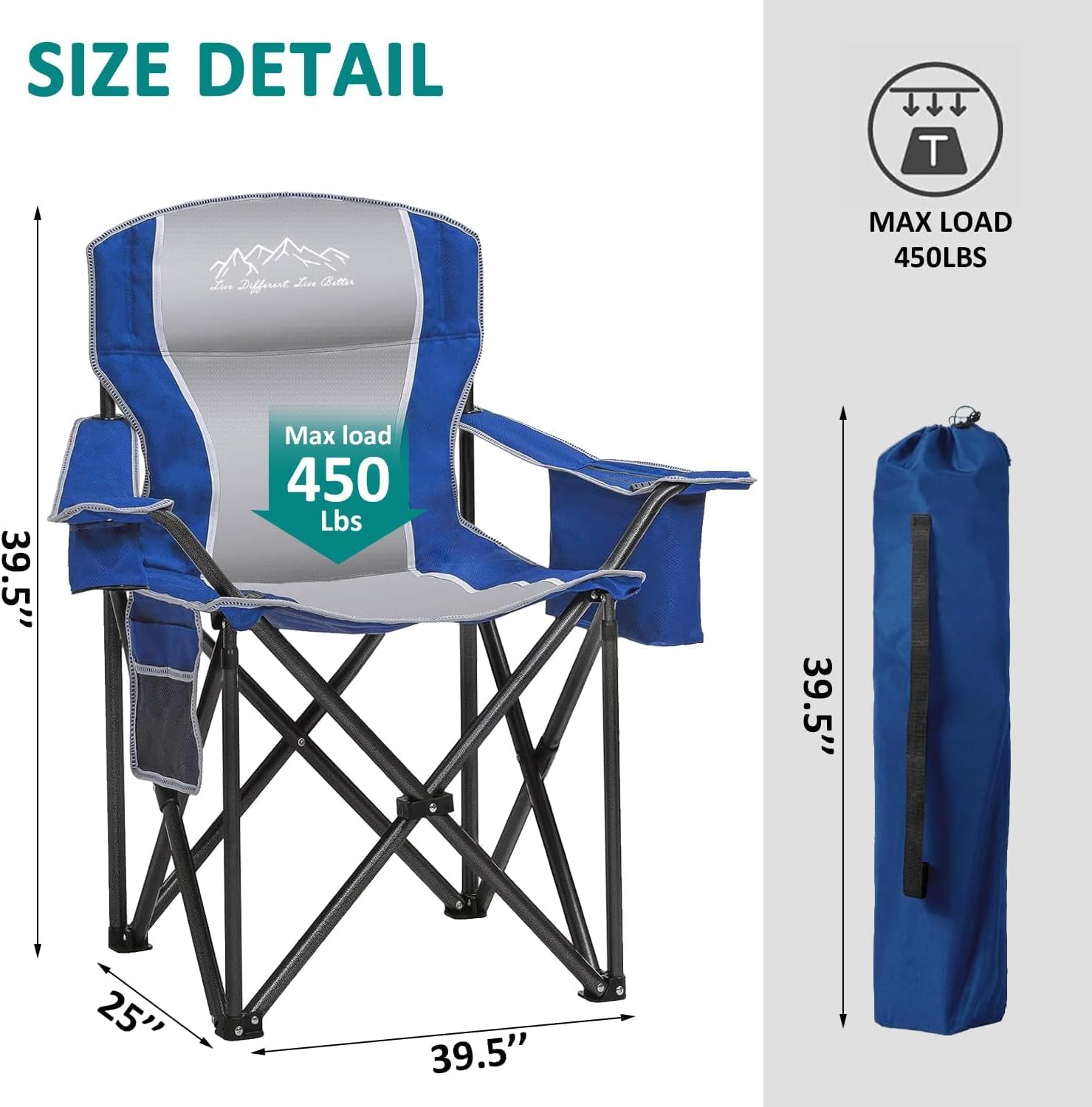 Camping Chairs for Adults Heavy Duty 500lbs Capacity, High Back Folding Chair with Thickened Steel Frame, Padded Portable Outside Chair with Cooler Bag, Cup Holder & Side Pocket, Blue, 1 Pack
