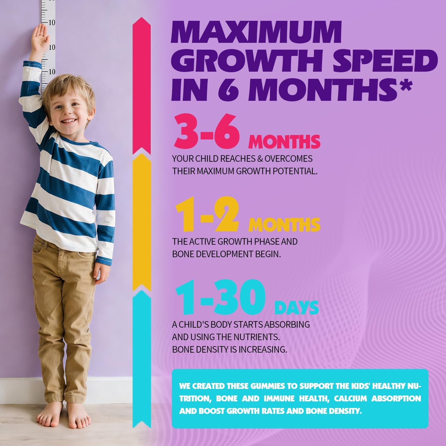 Height Growth Gummies for Kids & Teens - Calcium, Vitamin D3 + K2, Zinc, Magnesium, L-Arginine - Teen Multivitamin Gummies for Children Bone Strength and Immunity - 60 Gummies