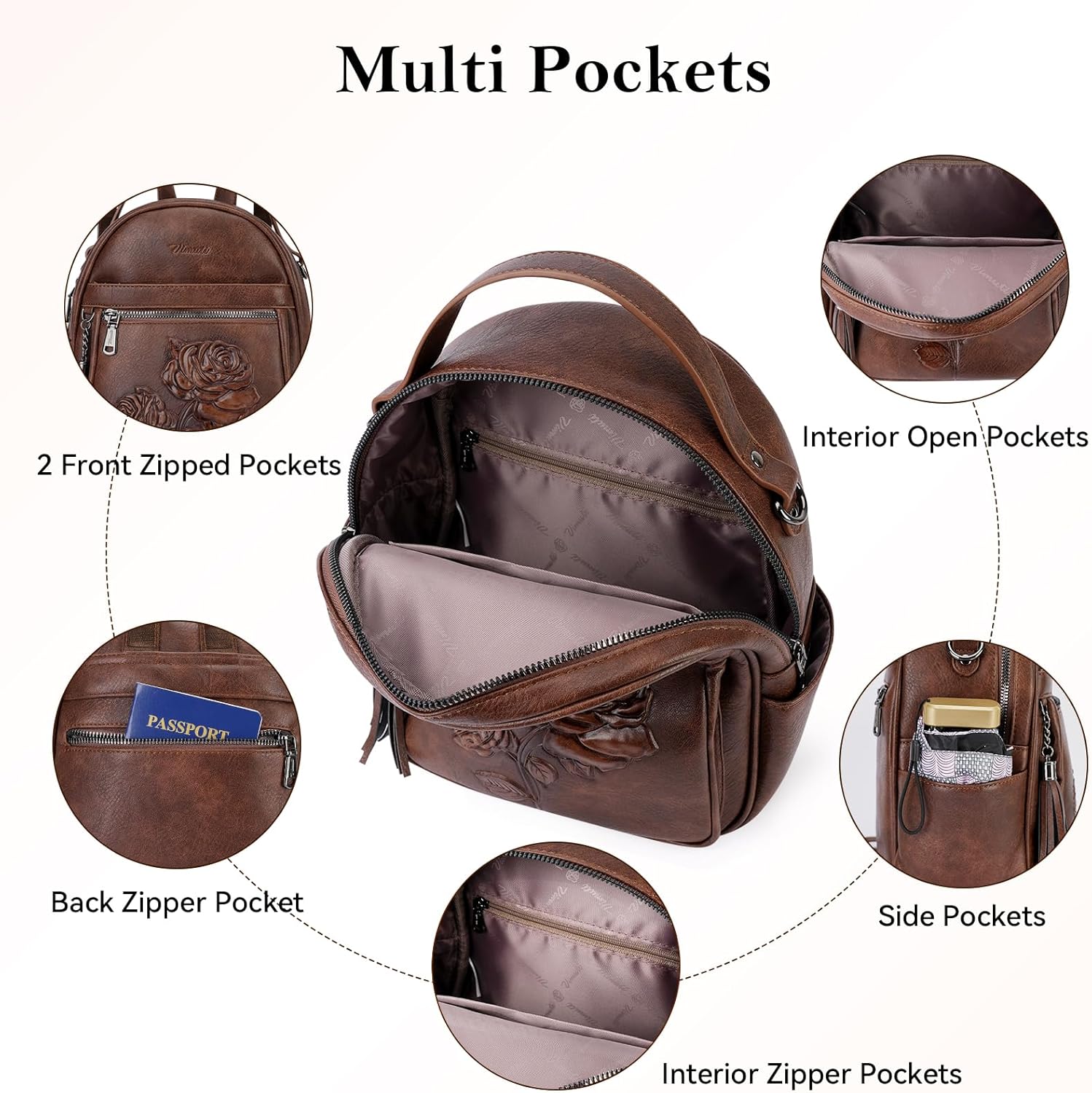 Mini Backpack Purse for Women,Embossed Leather Small Backpack Fashion Travel Backpacks Daypacks Shoulder Handbag (COFFEE-Flower) - Image 5