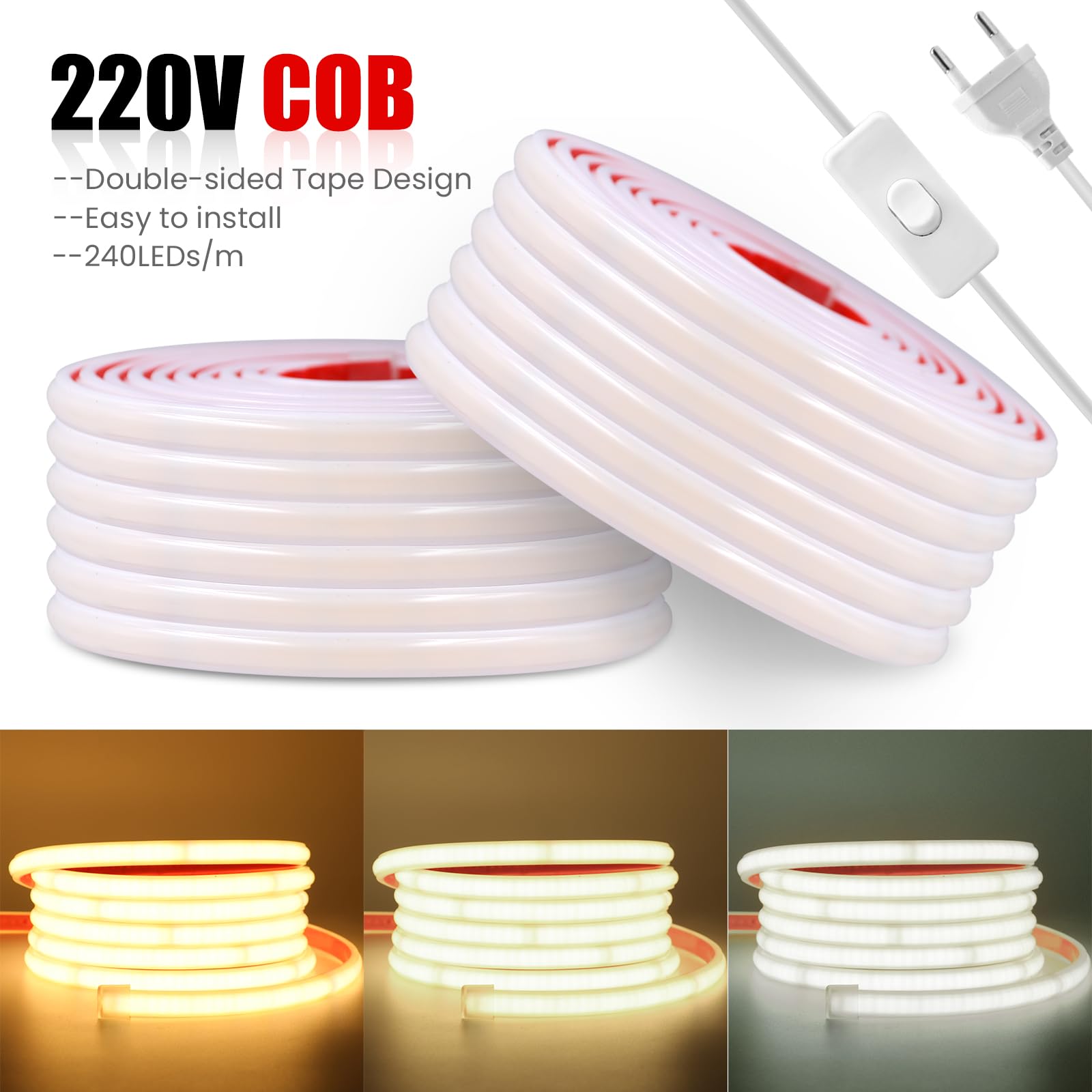 Anschluss an AC220-240V COB Streifen Selbstklebend mit ON/OFF Schalter, 50M 240LEDs/m Superhell Flexible FCOB LED Band (Schnitt alle 10cm), IP65 Warmweiß LED Leuchtband für Weihnachten