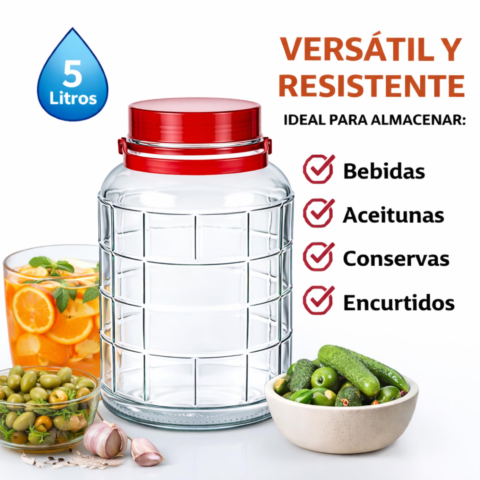 Bote de Cristal Grande con Asa de 5 Litros y Doble Tapa - Garrafa de Vidrio de 5 Litros con Asa - Perfecto para Alimentos Humedos y Secos, Encurtidos, Artículos - Bidón de Vidrio Resistente (1)