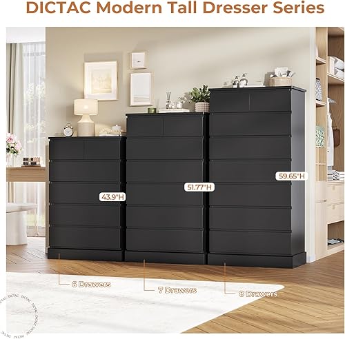 Miniatura 7 de DICTAC Cómoda alta negra para dormitorio con 6 cajones, cómodas y cajoneras altas de 43.9", organizador moderno de madera para armario y gabinete de