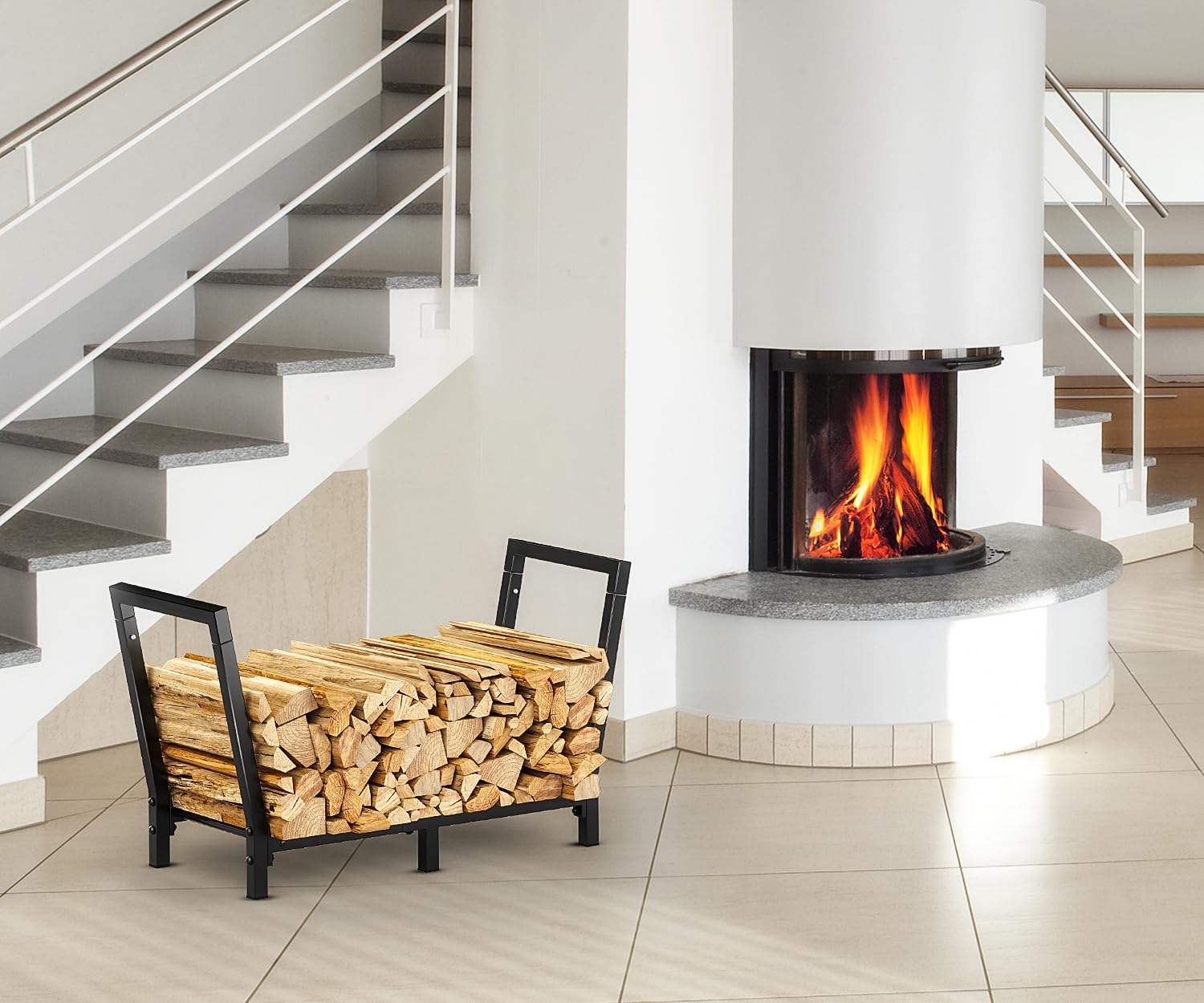 Leñero en Forma de Escalera Leñero Interior/Exterior Metal Antideslizante Ventilado 250lbs 6 Patas Reforzadas para Chimenea Jardín(33x81x46cm Negro)