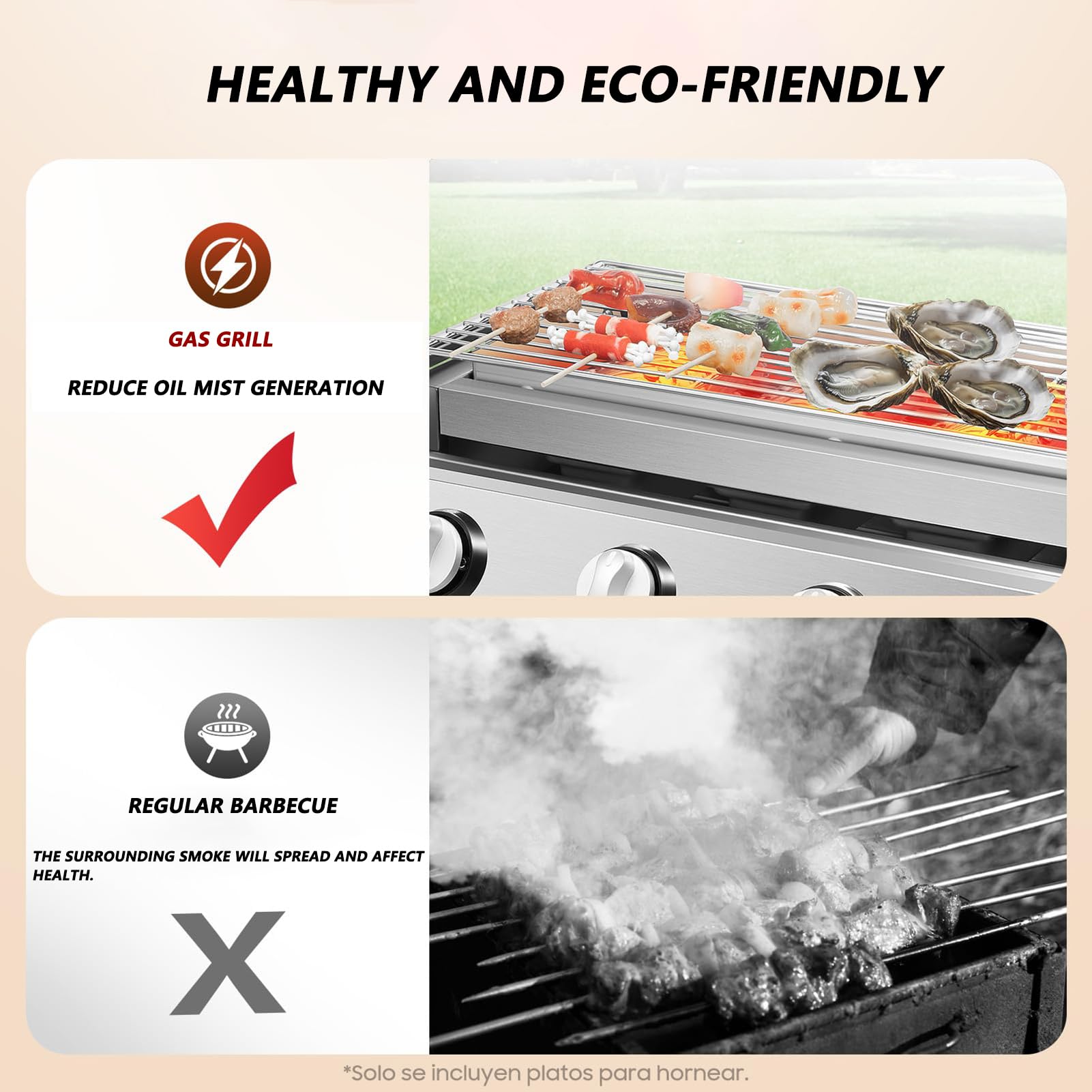 Grill bezdymny, komercyjny grill gazowy, 4/8-palnikowy, konstrukcja ze stali nierdzewnej, z ceramiczną technologią palnika, wysuwana patelnia ociekowa i stojak z regulacją wysokości do