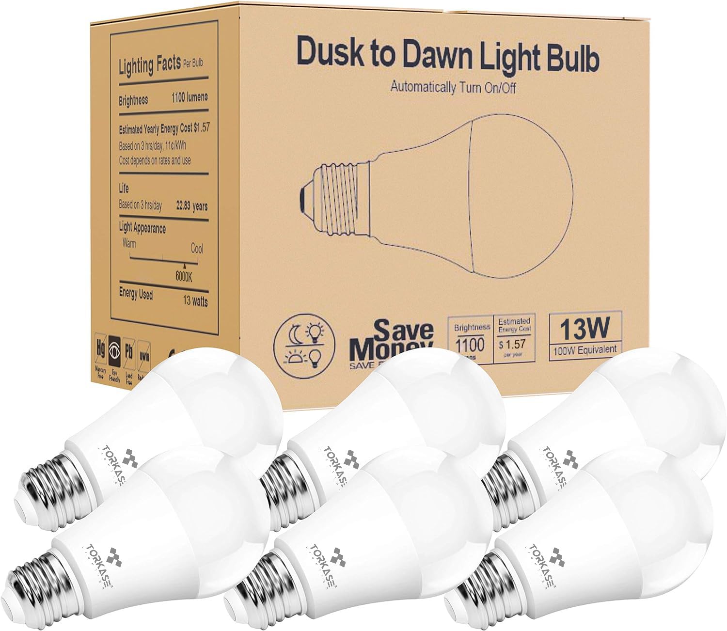 Torkase Outdoor Dusk to Dawn Light Bulbs, Smart Sensor LED