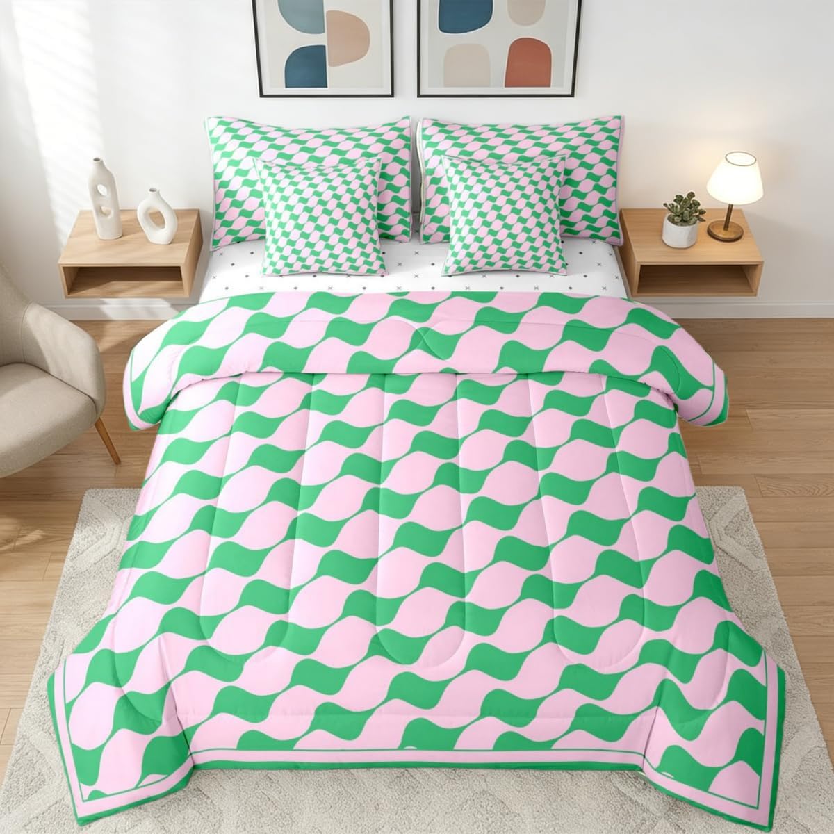 Erosebridal Pink Green Triangle Plaid Girls Comforter Set 7 Pc Queen Size Geometric Grid Jacquard Bedding Set Checkered Farmhouse Bed in A Bag for Kids Boys Teens Women Aesthetic Gingham Sheet Sets