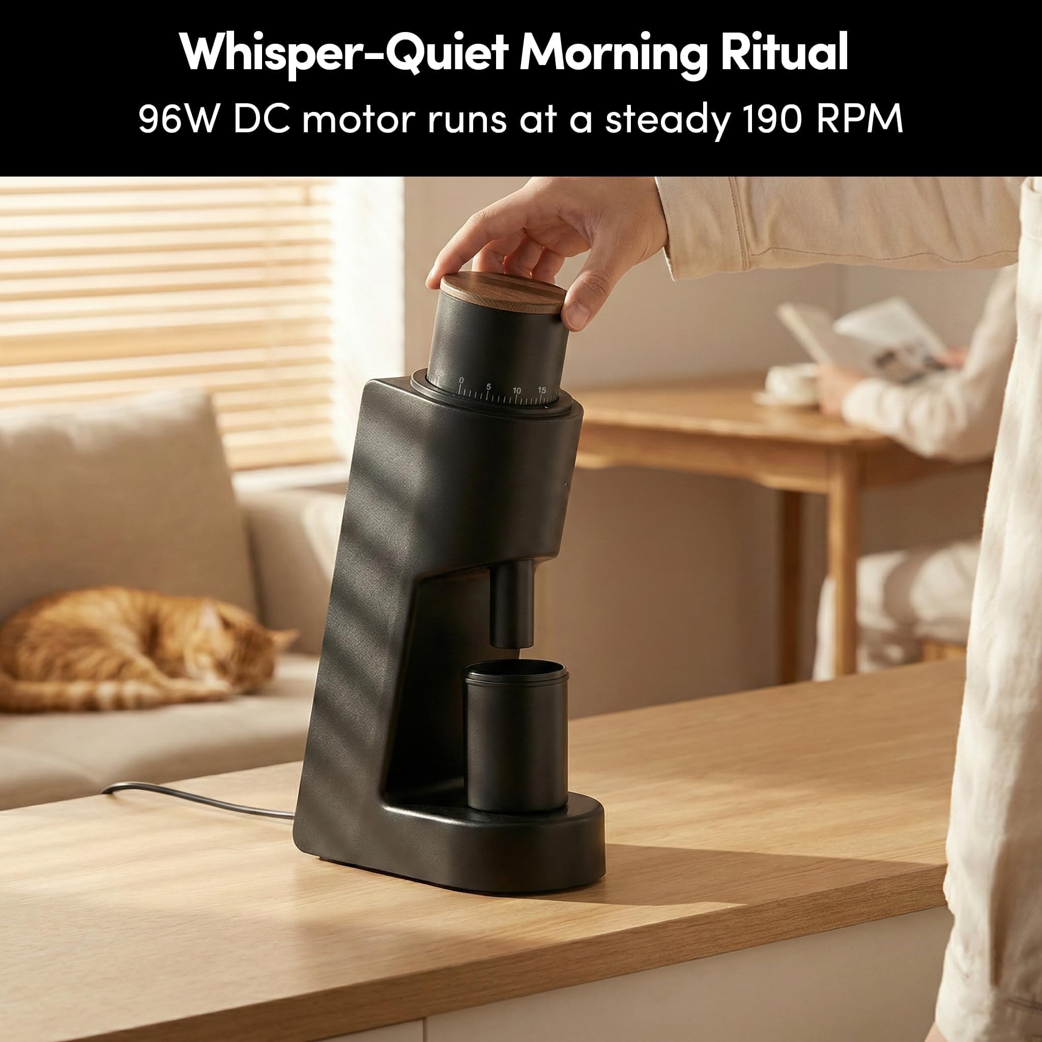 Molinillo de café, fresa cónica de acero inoxidable de 38 mm con ajuste continuo de 0,01 mm para espresso y vertido, diseño de una sola dosis