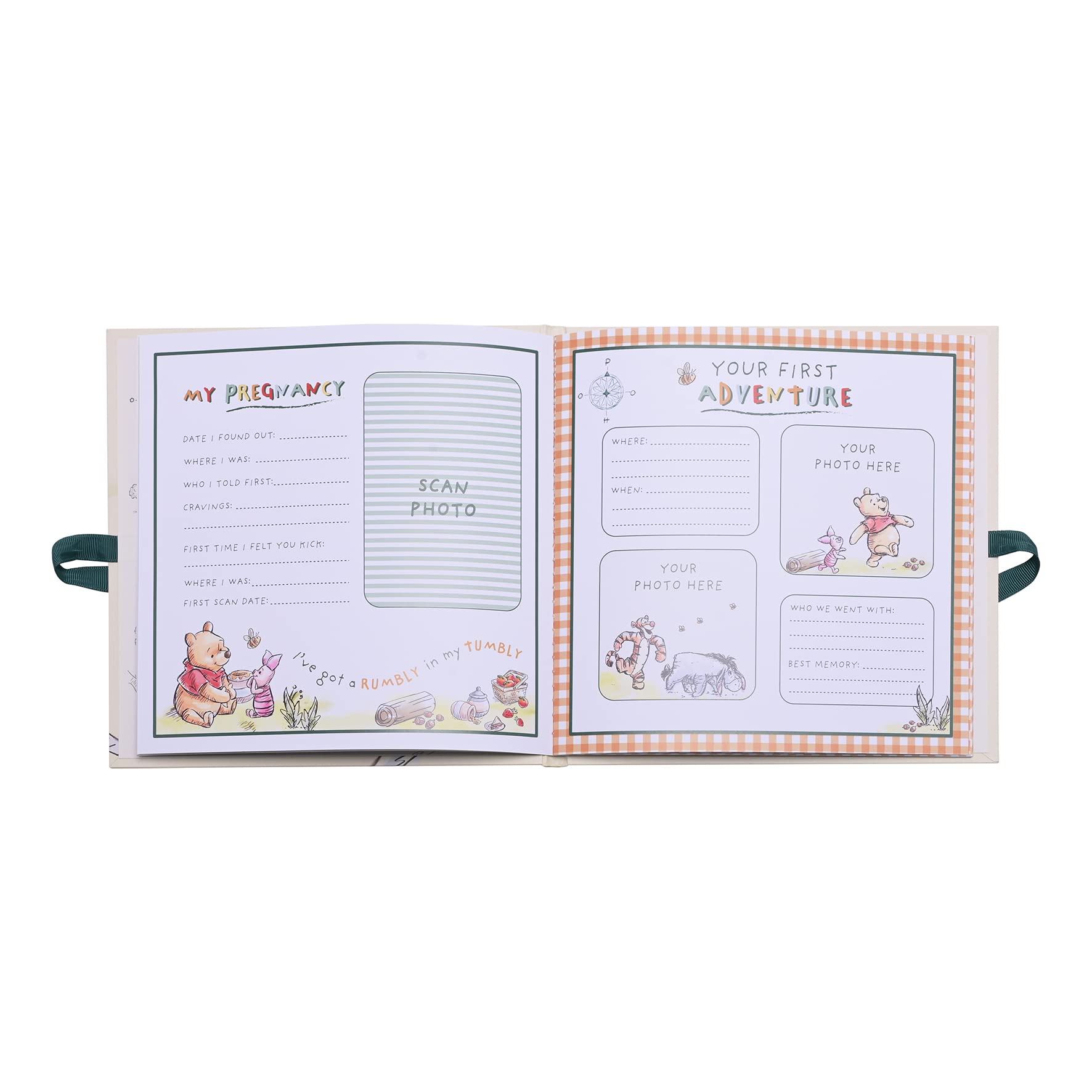 Album de première année Winnie l'ourson par Widdop et Co - Album rectangulaire personnalisable en papier vert 218 x 216 x 216 mm - Winnie the Pooh - Baptême, Première Communion - Nœud en ruban vert