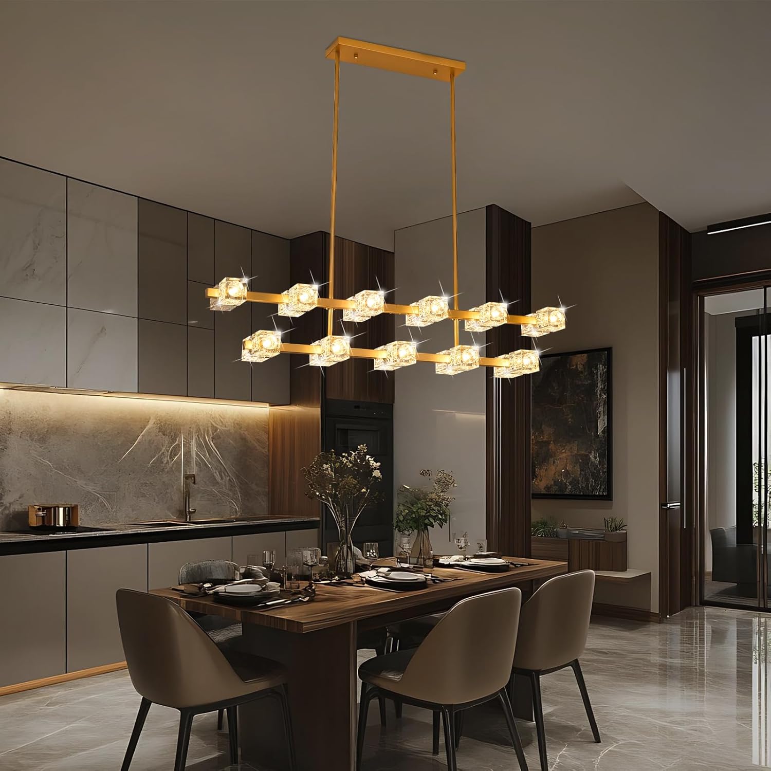 48 inch Golden Modern Crystal 22 Head Dining Room Pendant Light, semi Embedded Double-Layer Ceiling Light, Suitable for Kitchen Island, Farmhouse, Dining Room, Living Room