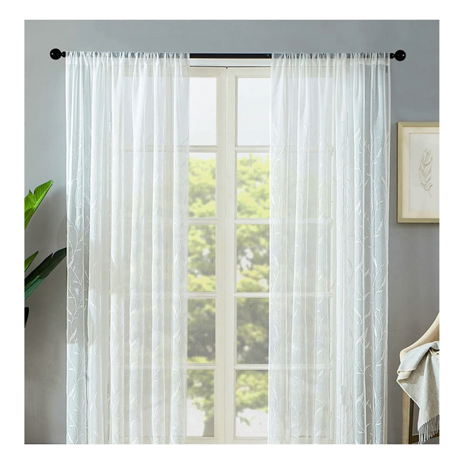 Aeici Cortinas Salón Visillo Cortina Ventana Moderna 132 x 183 cm Cortina 2 paneles Bordado Orejas de Trigo Varilla de Bolsillo, Algodón Poliéster, Blanco