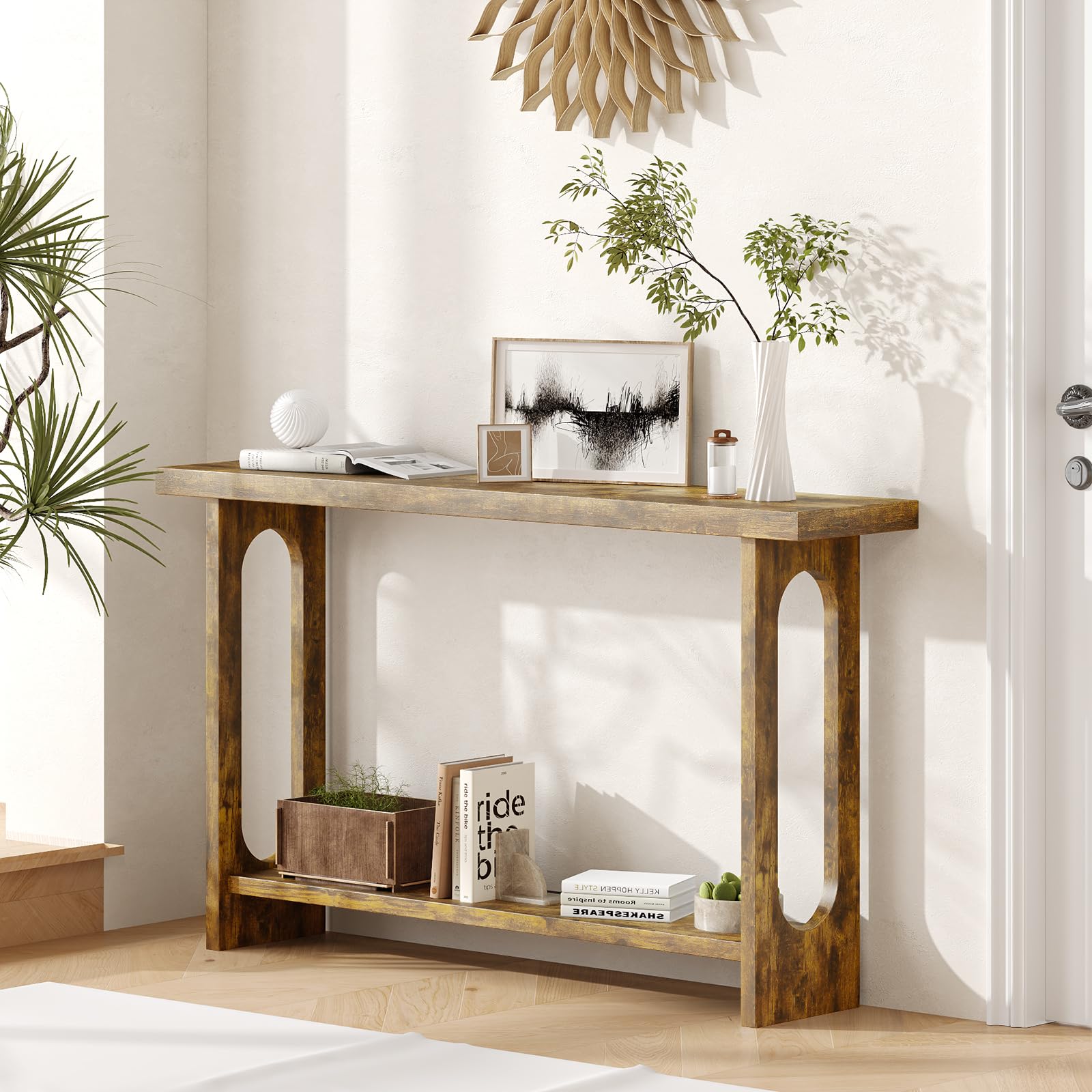 Mesa consola de 54 pulgadas, mesa de entrada estrecha de madera de granja con almacenamiento, mesas de sofá, mesa de pasillo para sala de estar, pasillo, entrada (rayas de tigre en relieve) 5