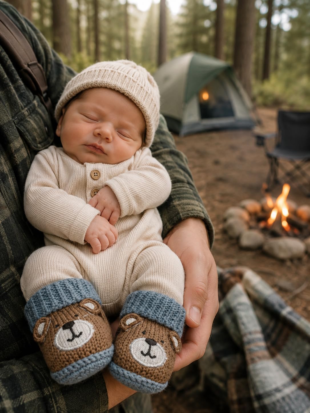 Shag Wear Newborn Infant Booties for Baby Boys Blue and Brown Soft Cozy Slip-On Crib Shoes 0-6 Months