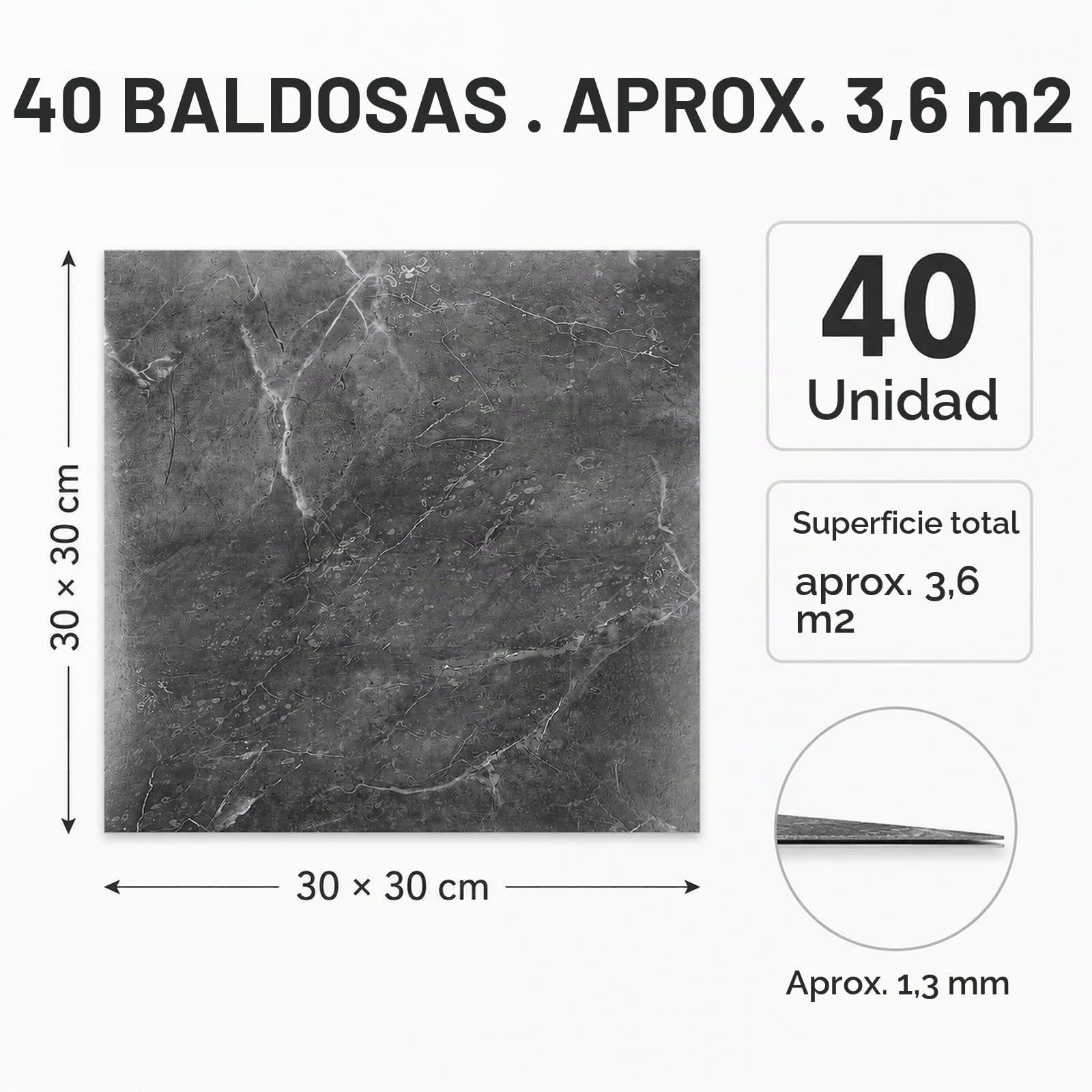 CYEER 40 baldosas autoadhesivas de PVC de 30 x 30 cm, color gris, para cocina, salón, baño (gris jaspeado)