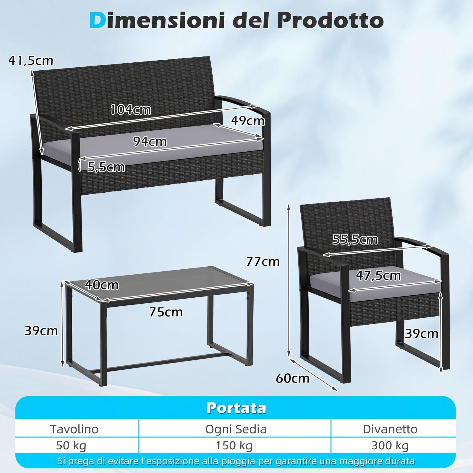 COSTWAY Set Salotto da Giardino a 4 Pezzi, Divanetto in Rattan con 2 Poltrone Ergonomiche e Tavolino con Piano in Vetro Temperato, Set Mobili da Esterno con Cuscini per Balcone e Patio (Grigio)
