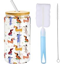 Dachshund Gifts for Women, 500ml Sausage Dog Glass Cup with Bamboo Lid and Straw, Dog Lovers Gifts for Women, Glass Mugs for Iced Coffee, Cocktails, Drinks