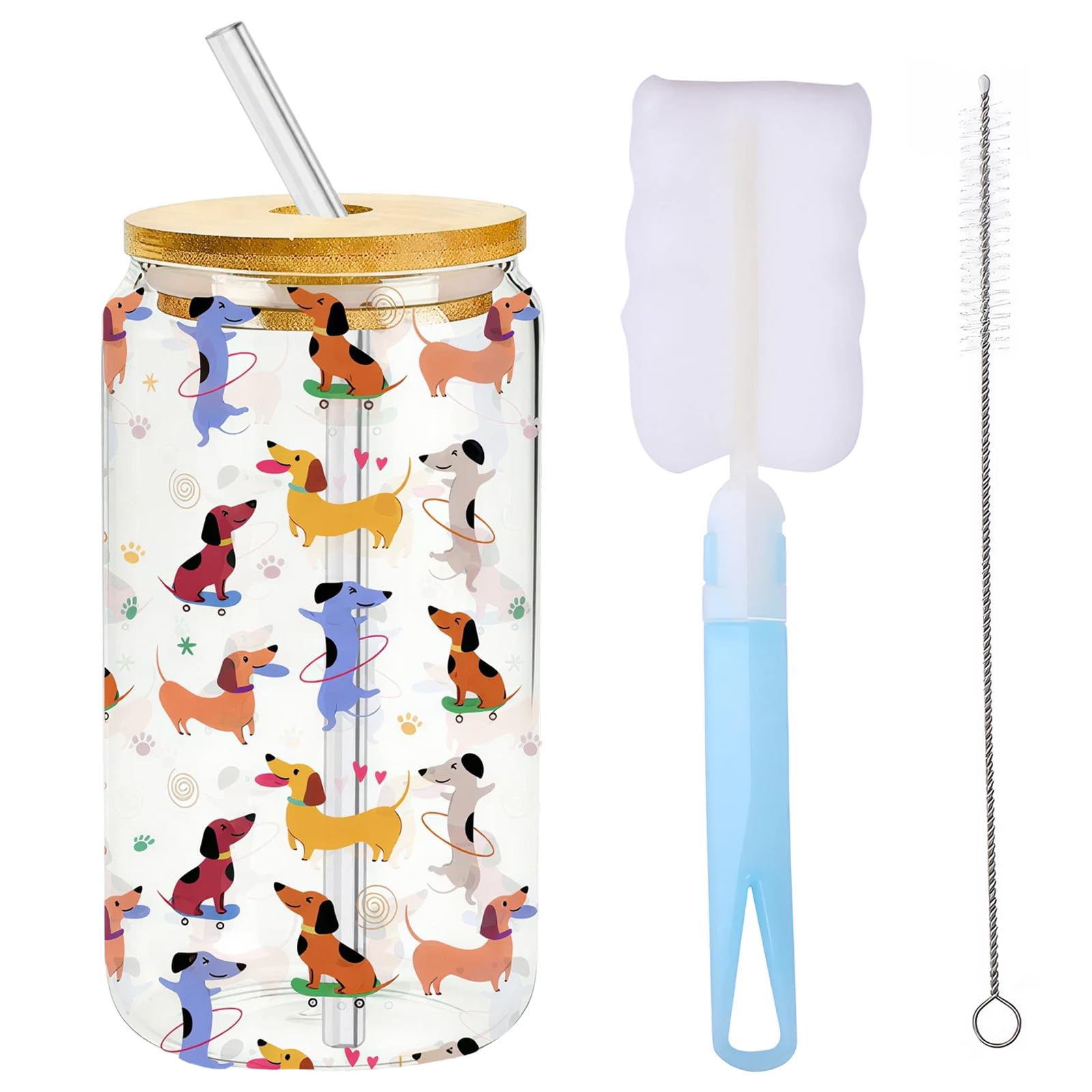 Clyrax Dachshund Gifts for Women, 500ml Sausage Dog Glass Cup with Bamboo Lid and Straw, Dog Lovers Gifts for Women, Glass Mugs for Iced Coffee, Cocktails, Drinks