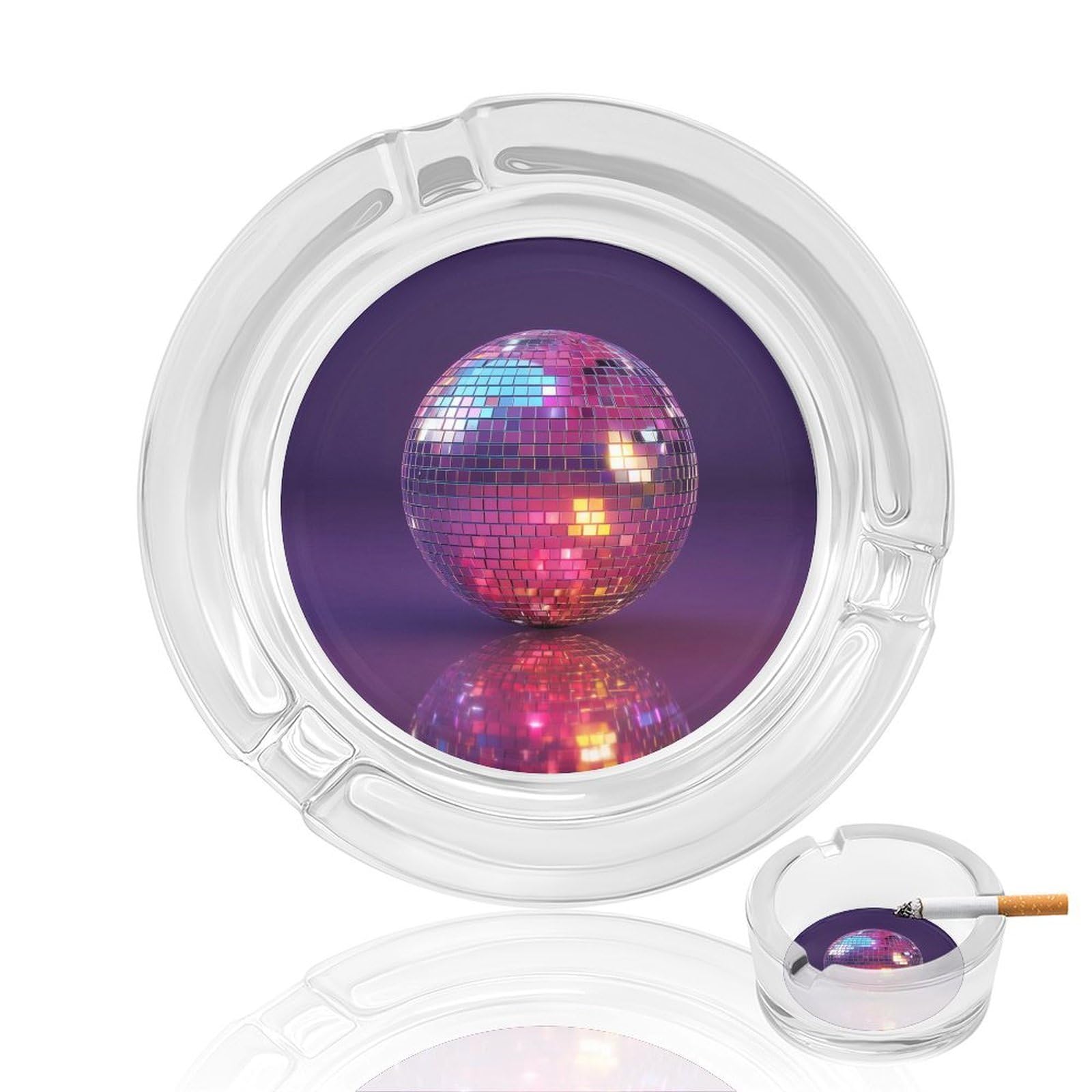 Mirrored Disco Ball on Dark Purple Glass Ashtray for Cigarettes Portable Decorative Ash Trays for Home Office Decor