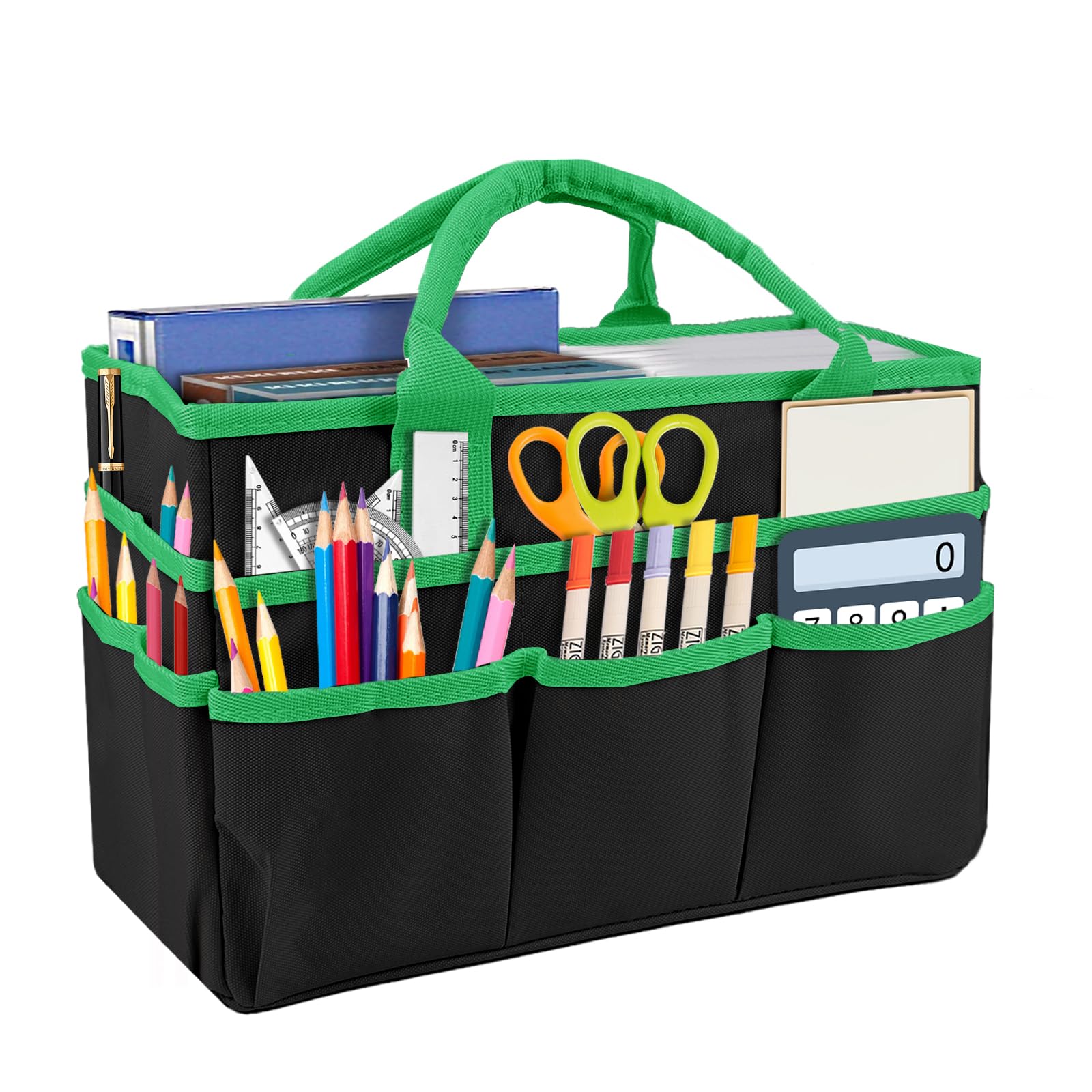Desktop File Folder Tote Storage Organizer, Oxford Fabric Art Craft Storage Bag Art Craft Supplies Tote Bag with Pockets and Handles Carrying Case for Teacher Office Drawing Book Notebook(Black-Green)
