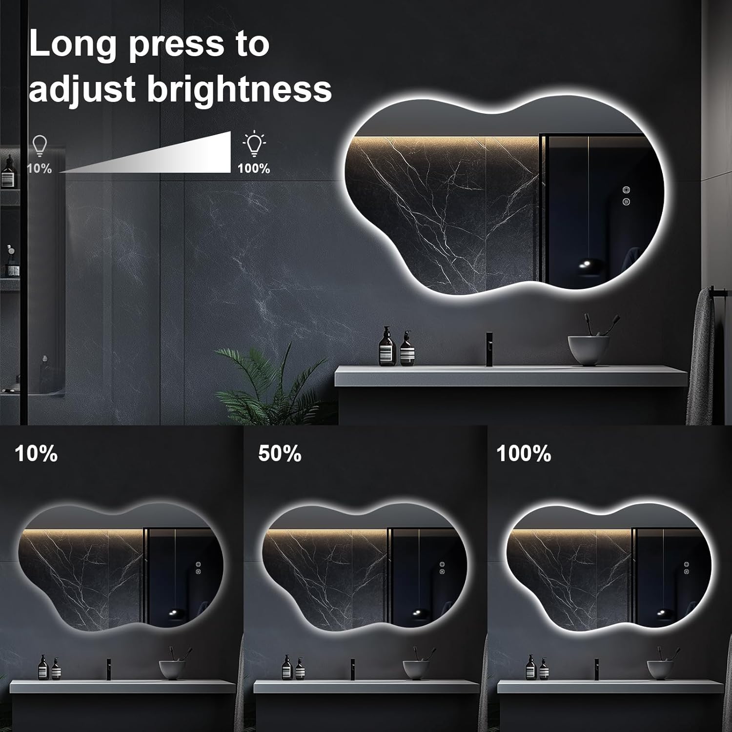 48"x30" Irregular LED Lighted Vanity Mirror for Bathroom, Backlit Only, Anti-Fog, 3-Color Dimmable Lighting, Wall Mount [Horizontal/Vertical]