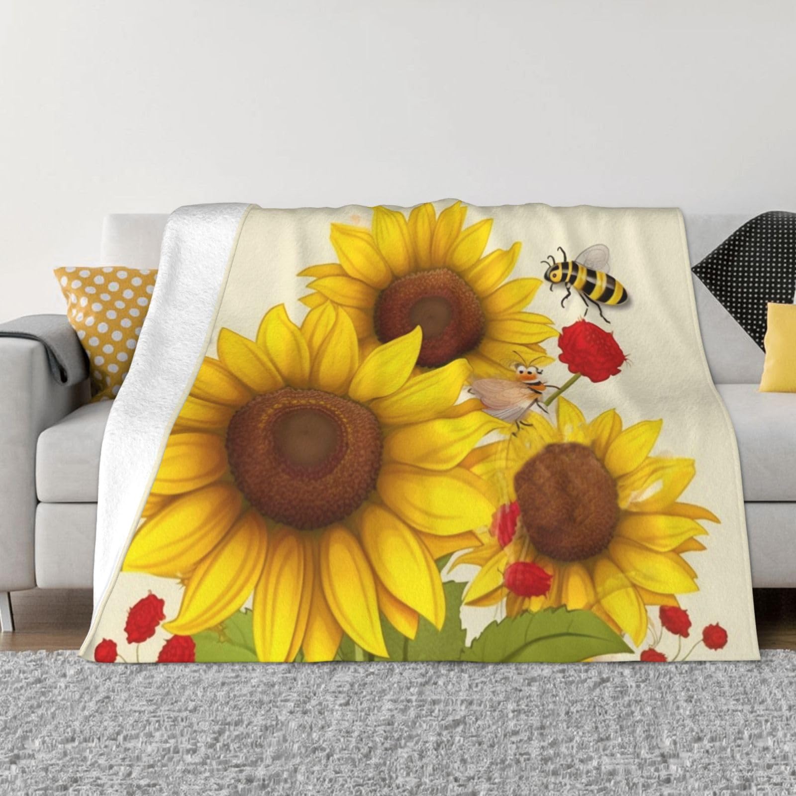 Fodpand Black Bees Sunflowers Daisy Rose Flowers Flannel Blanket 40"X30" - Ultra-Soft Lightweight Throw Blanket For Bed, Sofa, And Couch - Luxury Air Conditioning Blankets - Cozy Warm Blankets For All Seasons