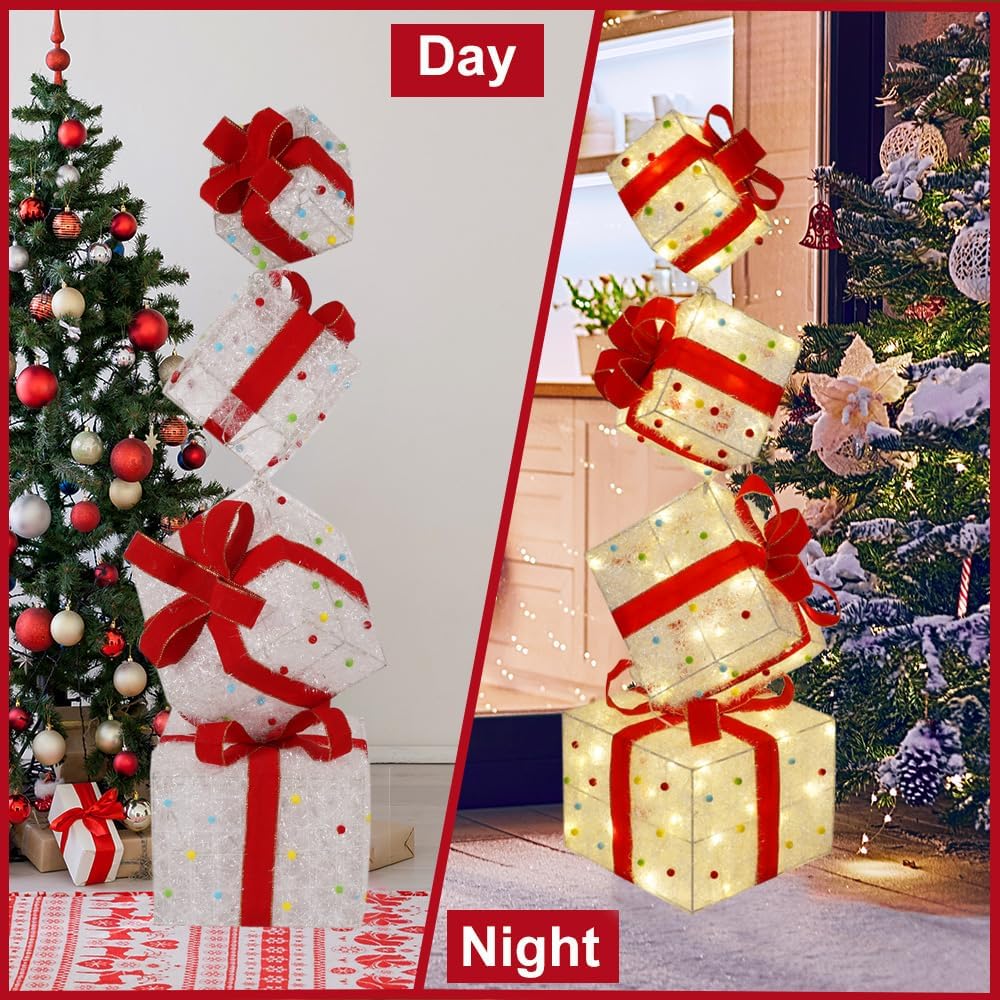 Set of 4 Lighted Night Light with Colorful Ball, Light up Atmosphere Gift Box Three-Dimensional Stack Set for Valentine's Day Party Holiday Home Outdoor Decoration