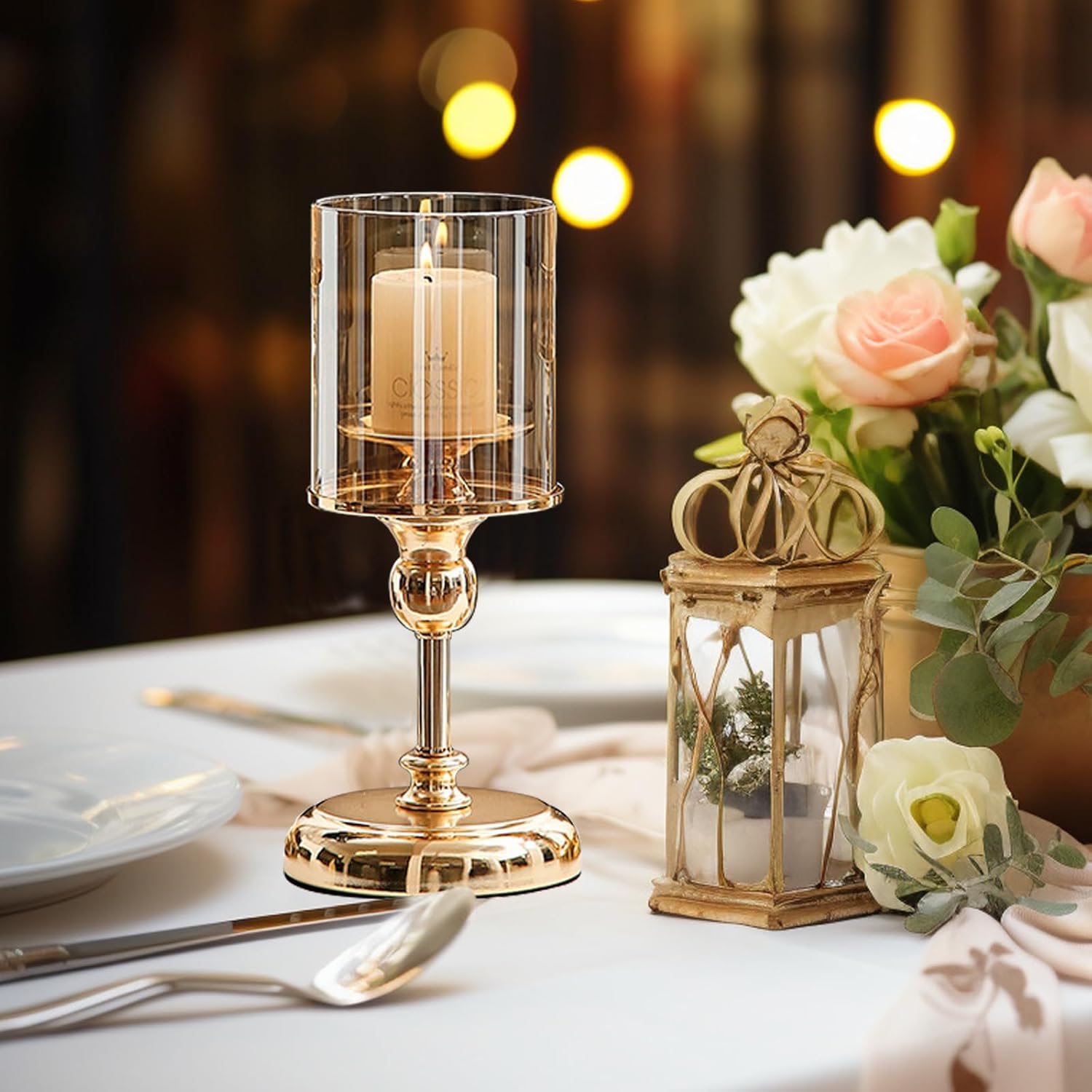 MrMrKura Gold Candle Holder for Table Centerpiece, Set of 2 Decorative Candle Holders for Pillar Candles, Tall Candle Holder with Glass Cover for Indoor Outdoor Home Decor (M+S) - Image 4