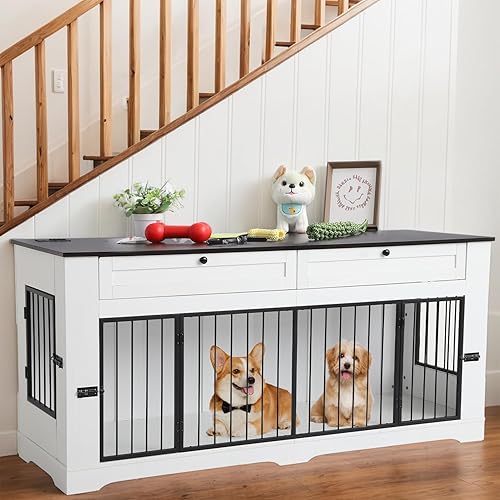 Miniatura 10 de Muebles grandes para jaula para perros, jaula decorativa resistente para interiores, mesa auxiliar de madera para perros con estación de carga, casa