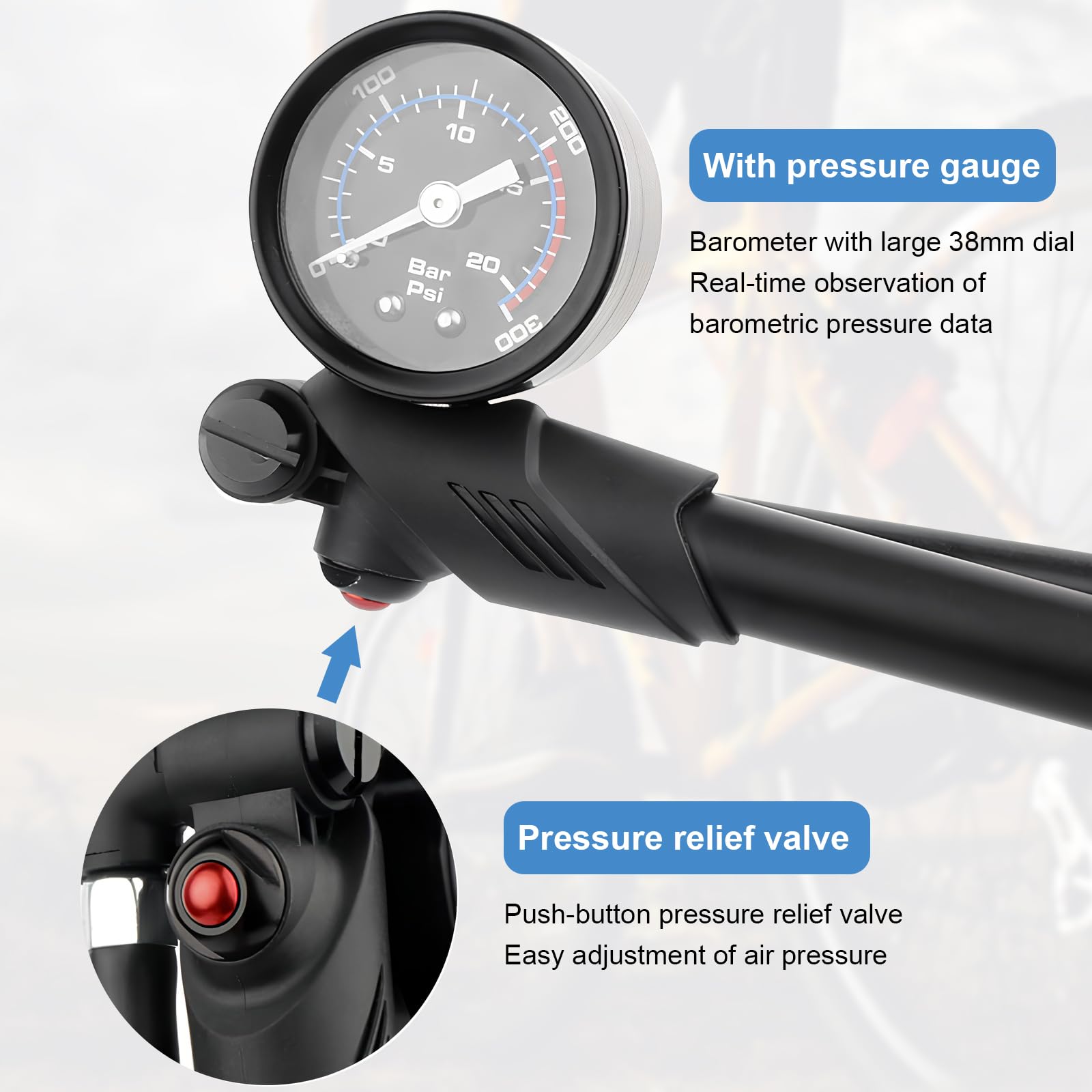 Pompa Bici per Forcella(Max 300 PSI), Pompa per Ammortizzatori Ad Alta Pressione, Pompe Ad Alta Pressione da Bicicletta con Manometro e Pulsante di Spurgo per Forcelle MTB e Sospensioni Posteriori