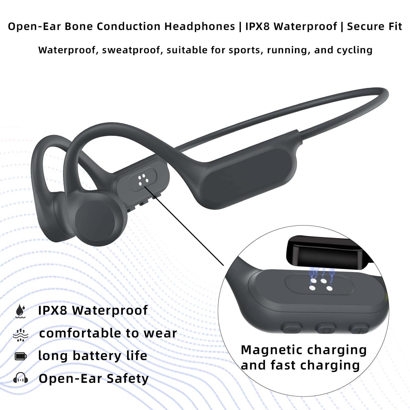 Auriculares de conducción ósea de natación, Bluetooth 5.3, auriculares inalámbricos de oreja abierta con micrófono, 32 GB MP3, hasta 15 horas de reproducción, auriculares impermeables IP68 para correr