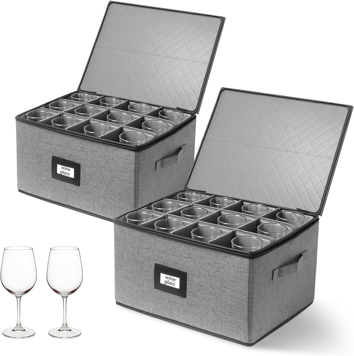 Wine Glass Storage Box 2 Pack, Stemware Storage Containers with Dividers Lids, Moving Boxes Hard Shell Stackable Packing Case for 24 Crystal Glasses Champagne Drinkware (Wine Glass Storage)