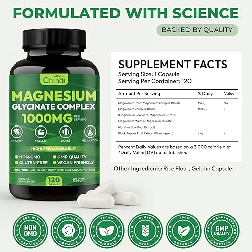 Miniatura 2 de Complejo de glicinato de magnesio 1000 mg, suplemento de magnesio con citrato, malato y taurato para mujeres y hombres, 120 cápsulas, quelatado de