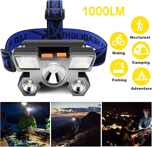 Miniatura 9 de DONWELL Linterna frontal recargable, 1000 lúmenes brillantes 5 LED, linterna impermeable IPX4, luz de cabeza de 4 modos para correr al aire libre,