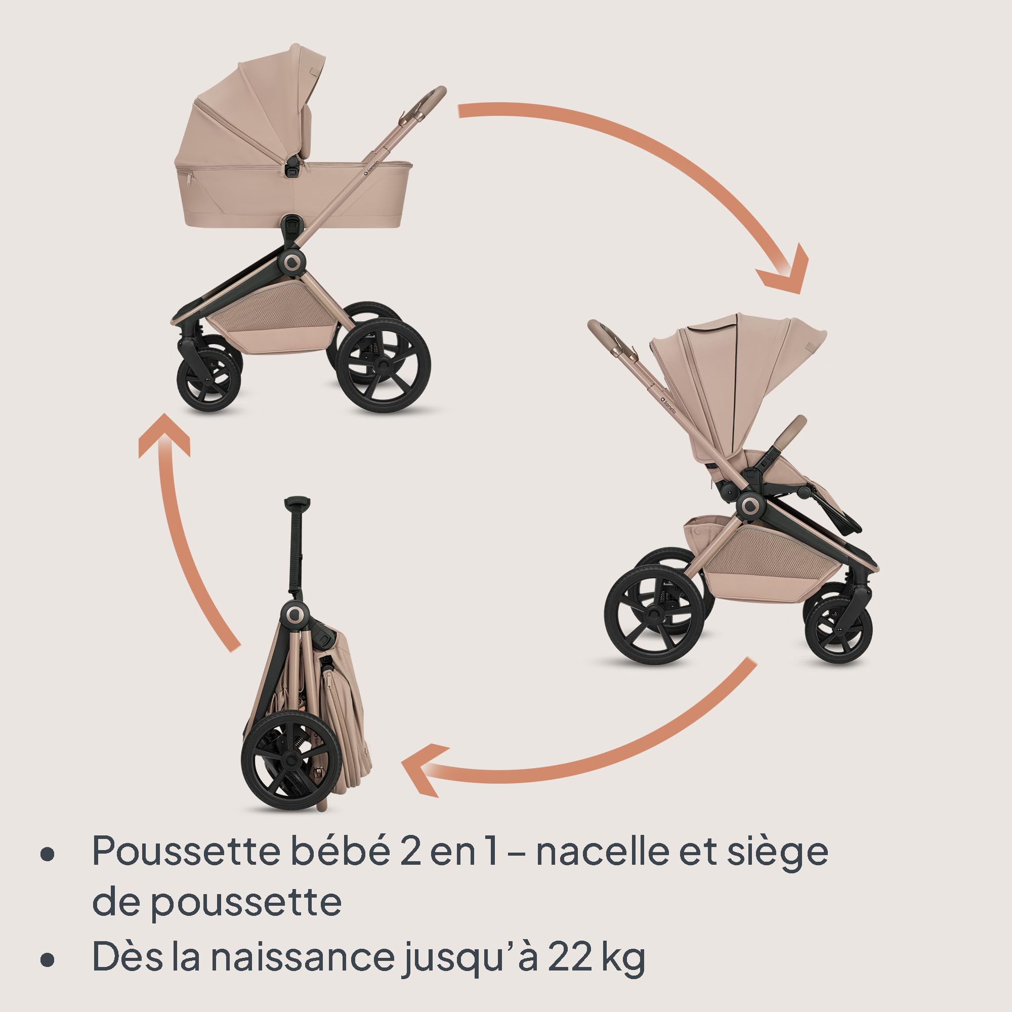 Lionelo Freya Poussette 2en1 (0-4 Ans, 0-22 Kg), Nacelle Pliable et Poussette Bebe, Position Allongée, Suspension et Roues PU, Capote UPF50+, Boucle Magnétique, Ventilation, Accessoires (Beige)