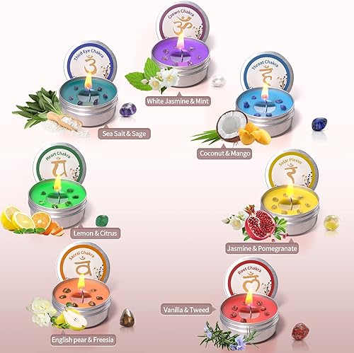 Miniatura 10 de Velas de chakra con cristal y piedras curativas de primera calidad, velas perfumadas de meditación de lujo, juego de regalo para mujeres, alivio del
