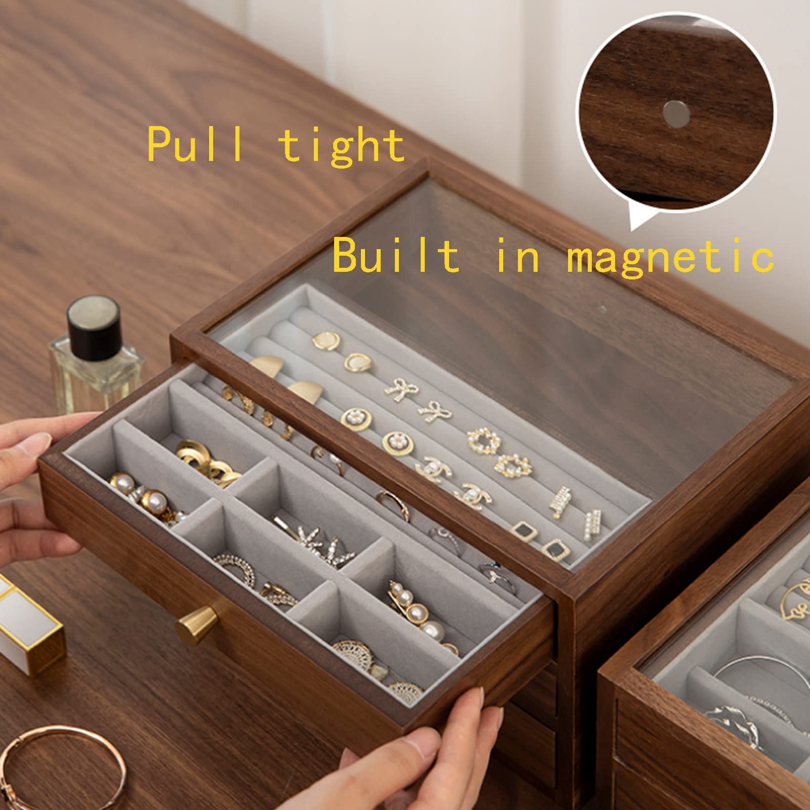 Portagioie CHOSIN In Legno Di Noce Nero Con Vassoio Rimovibile – Organizer 2 Strati Per Anelli, Collane E Orologi