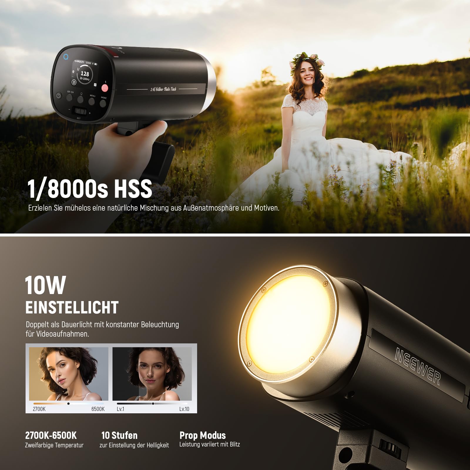 NEEWER Q200 200Ws 2,4G TTL Outdoor Studioblitzgerät mit App Steuerung, kompatibel mit Godox, 1/8000 HSS, 3200mAh Akku, 10W Einstelllicht/750W Blitzleistung/0,01–1,5s Blitzladezeit