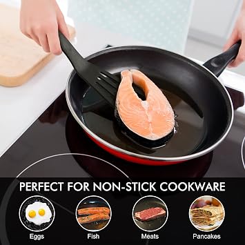 HOTEC 600F Heat Resistant Silicone Slotted Fish Turner Spatula Set, BPA Free Flipper Cooking Spatulas, for Non Stick Cookware Dishwasher Safe, Black