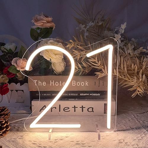 Letrero de neón con número de mesa de 21 cumpleaños, lámpara de escritorio, luz nocturna, letra de boda, letrero de neón LED, decoración de mesa de