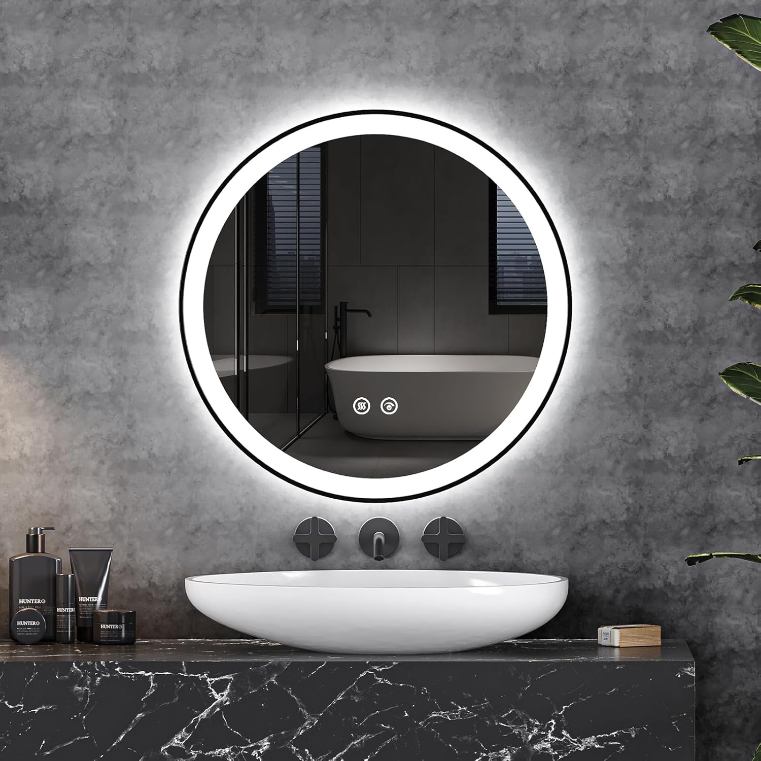 24 Inch Round LED Bathroom Mirror, Bathroom Wall Mounted Vanity Mirror with 3 Color Lights, Anti-Fog, Smart Touch Button and Memory Function, Dimmable Lighted Makeup Mirror for Bathroom