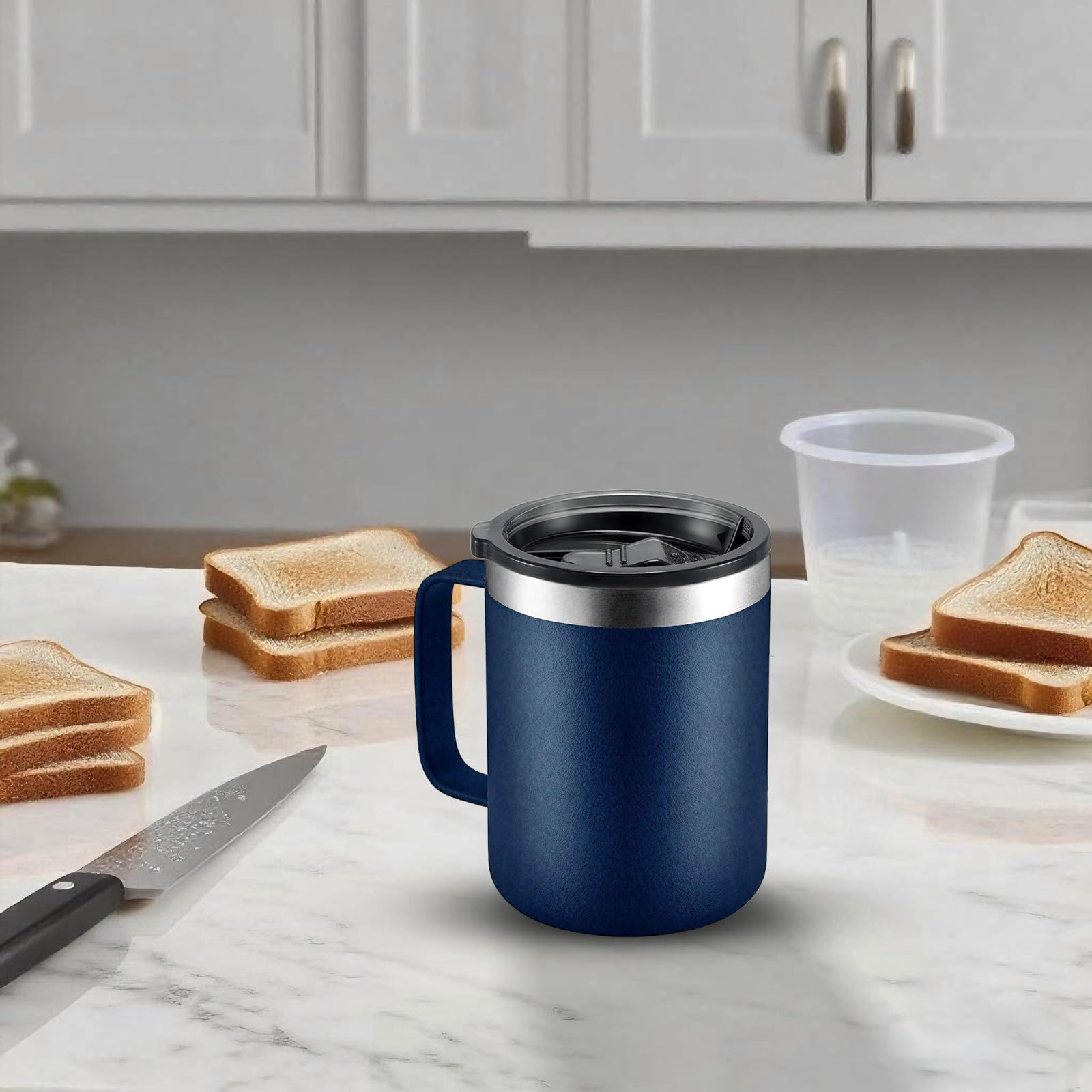 Edelstahl-Kaffeetasse mit Griff, 340 ml, vakuumisoliert, auslaufsicherer Deckel für Büro, Reisen und Camping, tiefblaues, mattes Finish, Thermobecher für heiße und kalte Getränke, 2 Stück