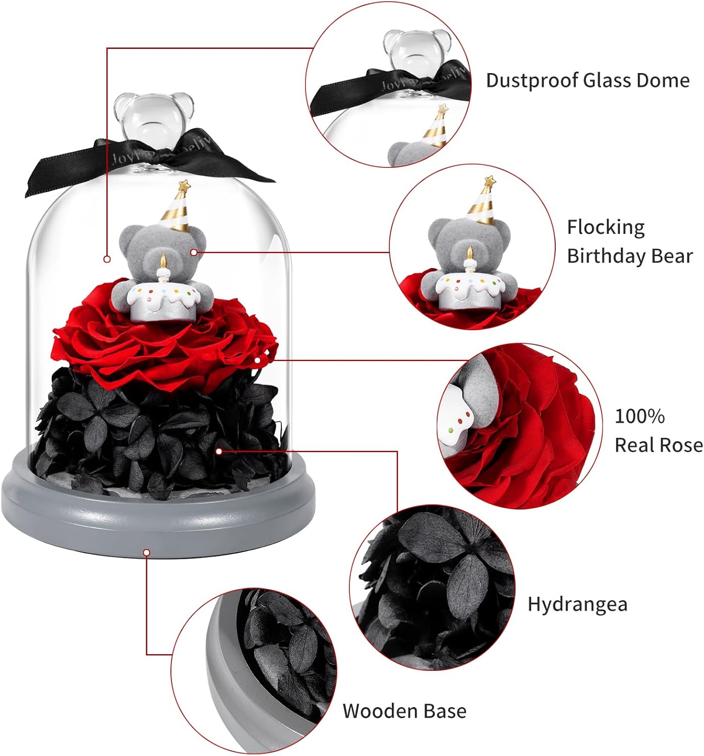 JoyFlower Preserved Flower Birthday Gift for Women, Red Preserved Rose Bear in Glass Birthday Gifts for Girlfriend, Eternal Flower Teddy Bear Gifts for Wife Mom Her Grandma Daughter Sister on Birthday - Image 5