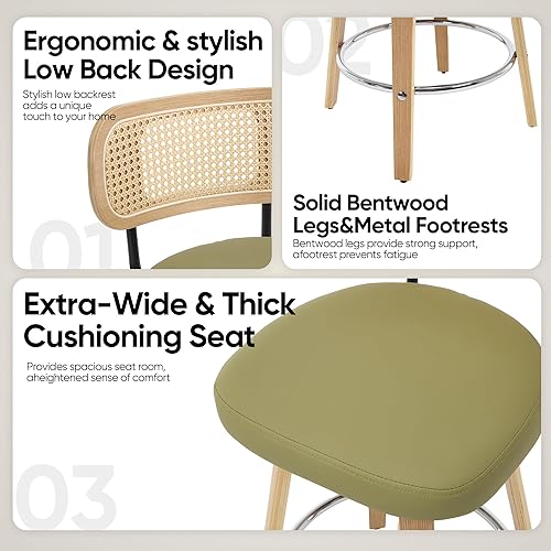 Miniatura 3 de KEEZY Juego de 2 taburetes de bar tapizados, taburete alto, respaldo de ratán, marco de madera curvada, taburete de bar moderno de mediados de siglo
