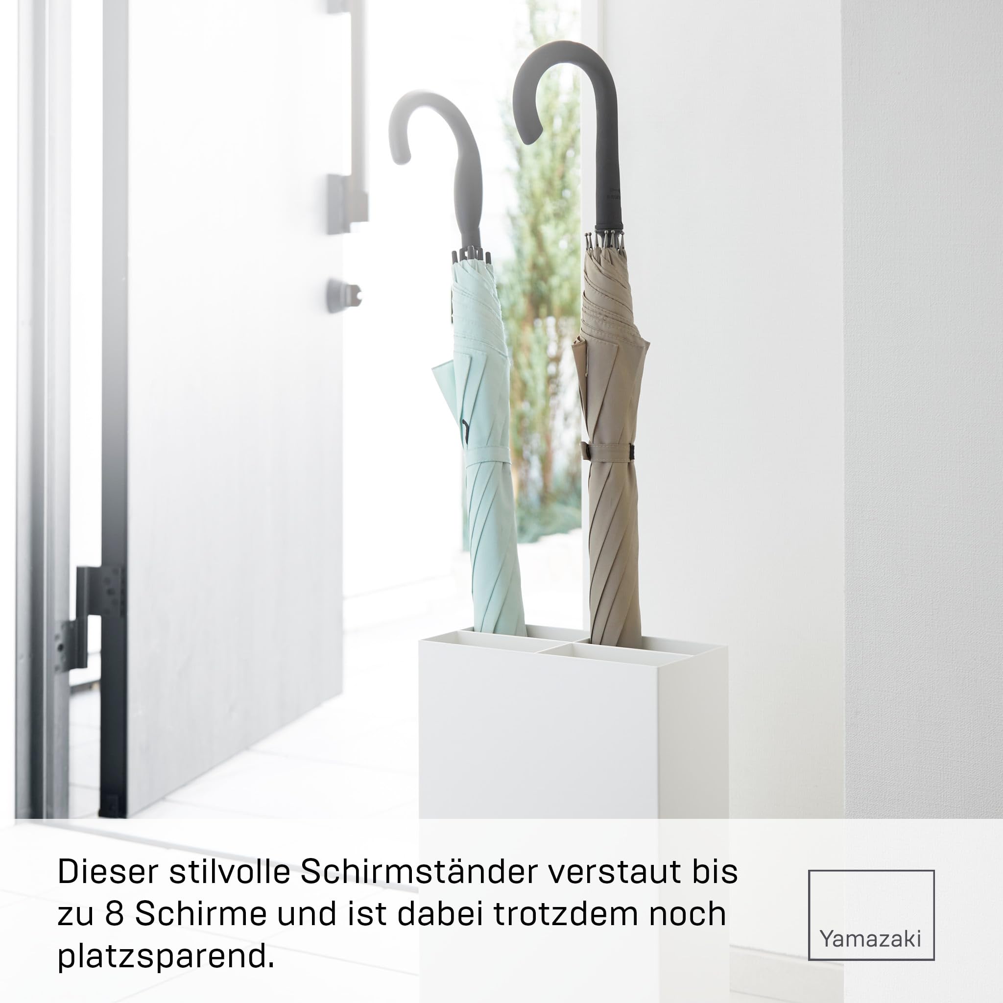 YAMAZAKI SMART Breiter Schirmständer aus Stahl - bis zu 8 Schirme, mit Abtropfschale, schmal - 12 x 23,5 x 36 cm, Japanisches Design, weiß